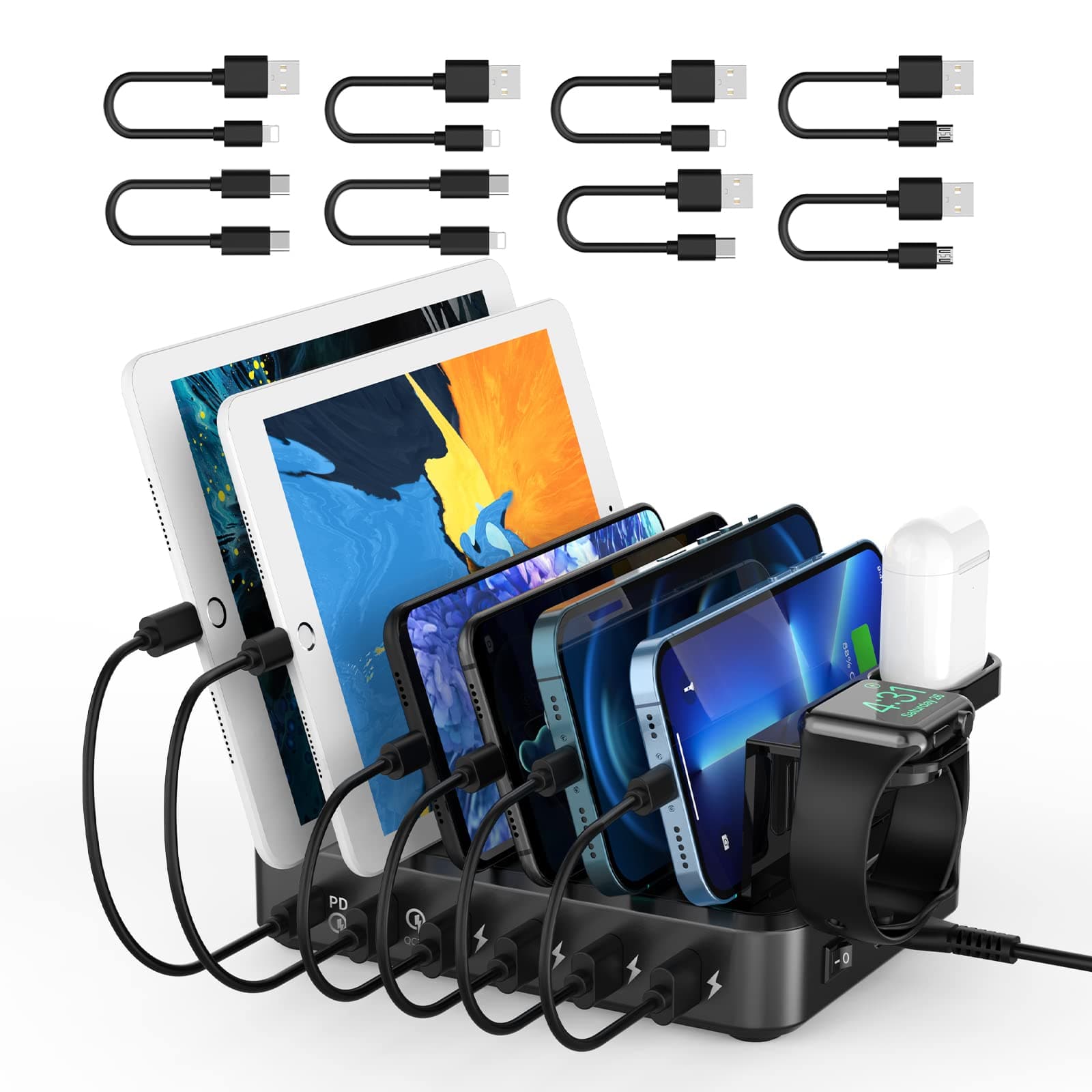 Charging Station for Multiple Devices,68W 6 Ports Charging Dock with PD 20W USB-C & Quick Charge 3.0,8 Short Charging Cables Included,i-Watch Holder, Compatible with iPhone iPad,Tablets