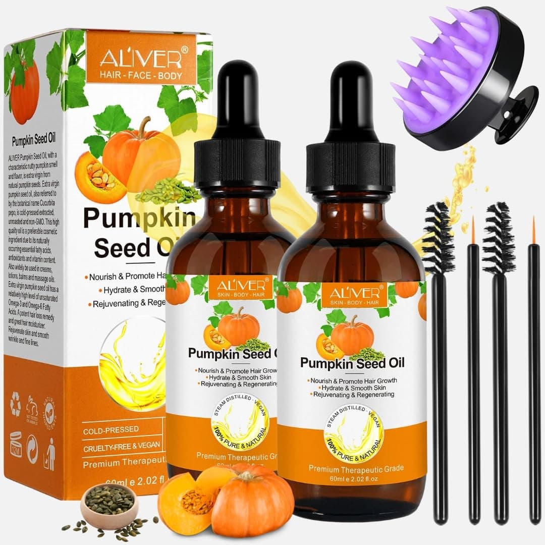 NIKITA.VIVI - 2Pcs Organic Pumpkin Seed Oil with Hair Massager (2x60ml) | 100% Pure Natural Organic Pumpkin Seed Oil Serum for Hair Growth | Pumpkin Seed Oil for Skin, Face, Hair Care, Nourishes Scalp