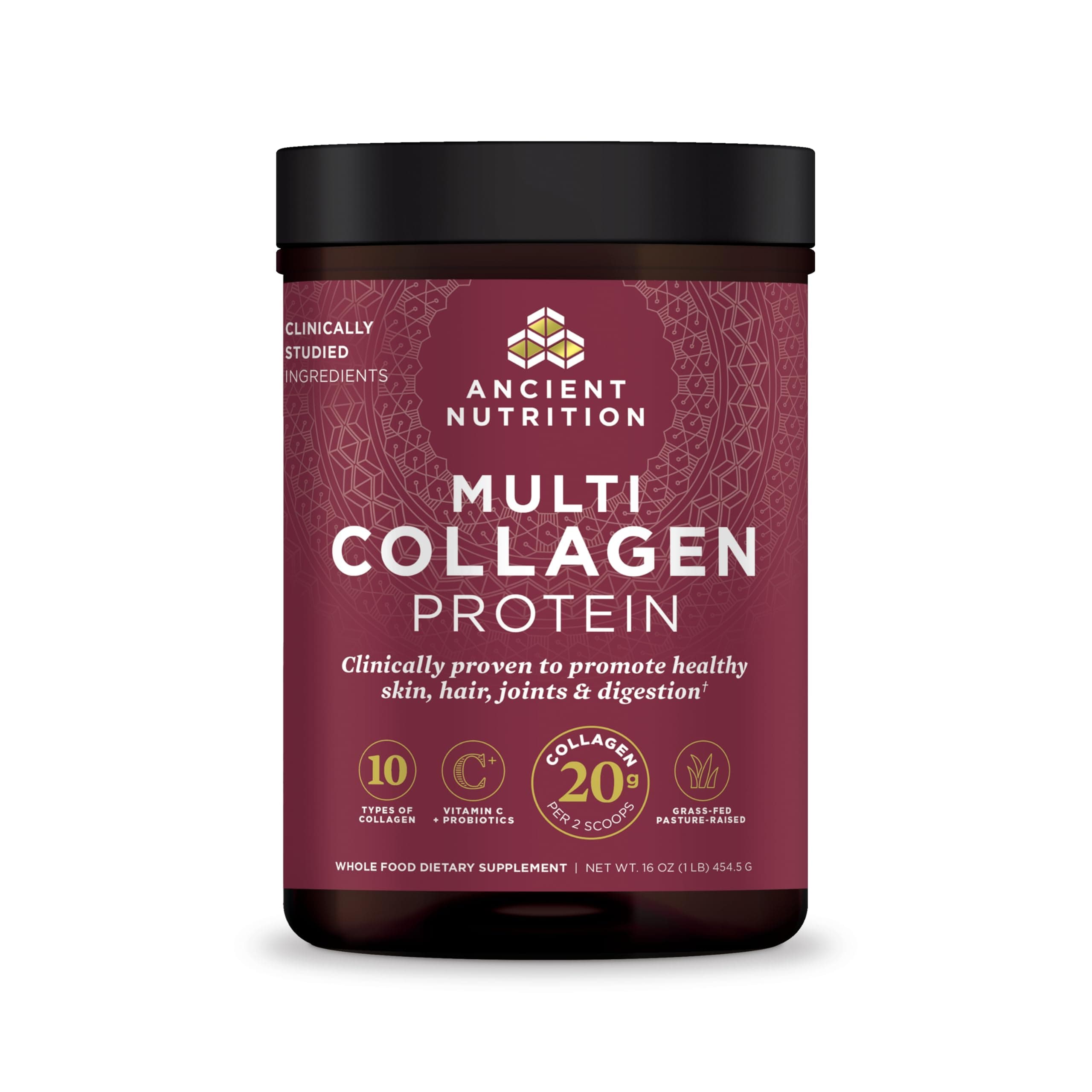 Ancient Nutrition Multi Collagen Protein Powder, 10 Types of Food Sourced Collagen, Providing Types I, II, III, V, and X, 16 Ounce 454.5 g