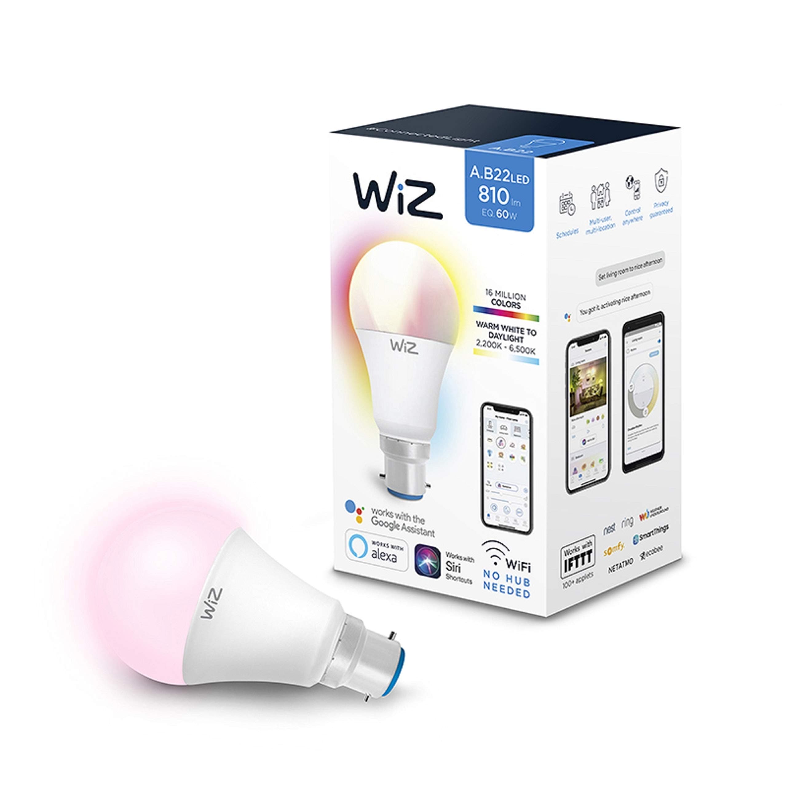 WiZ Smart LED Light Bulb G2 Colours A60 Dimmable WiFi 9W-60W Power 2200K-6500K, lm810, App & Voice Control Alexa, Siri, Google & IFTTT, B22, Multicoloured