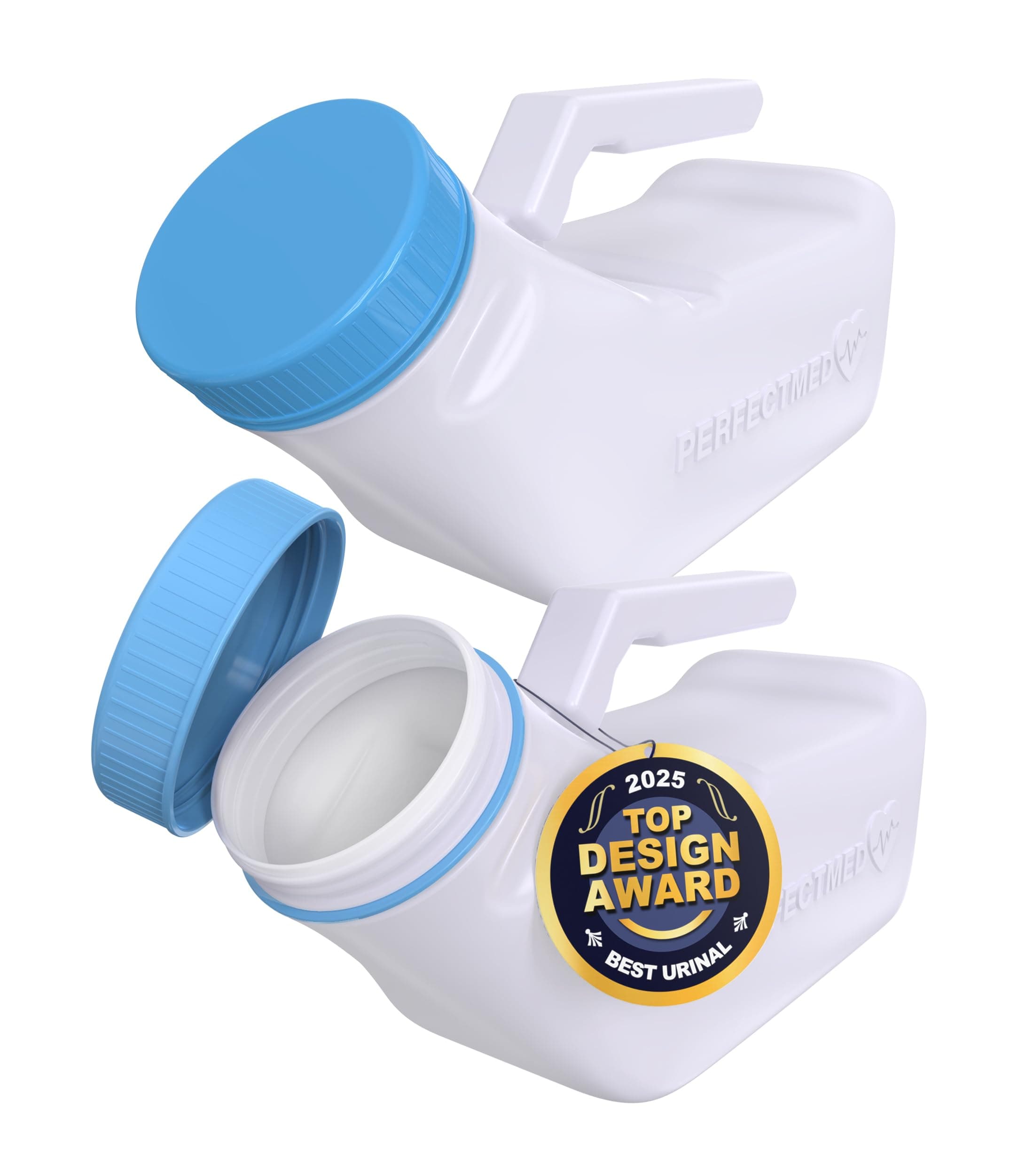 Urinals for Men Spill Proof by PerfectMed (2 Pack) - 32 oz/ 1000 ml | Portable Urine Bottle Bed Pan W/Glow in Dark Lid | Thick Plastic Pee Urinal Bottle