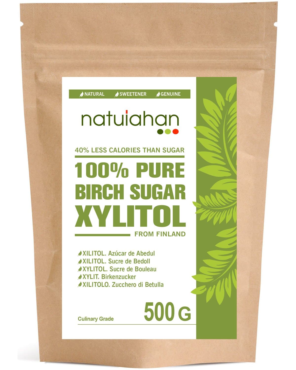 Natuiahan Xylitol 500 gr. Birch Sugar from Finland. 100% Natural Sweetener. Self-Sealing Container.