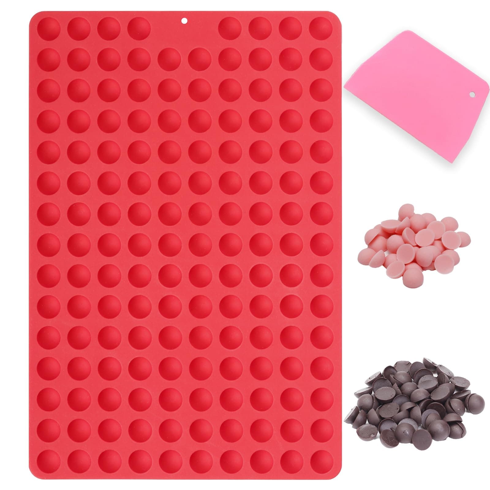 Mini Round Silicone Molds, 148 Cavities Semi Sphere Chocolate Candy Mold for Baking and Freezing Chocolate Chip/Gumdrop/Cookie/Dog Treat/Cake Decor/Fruit Snack (with a Scraper)