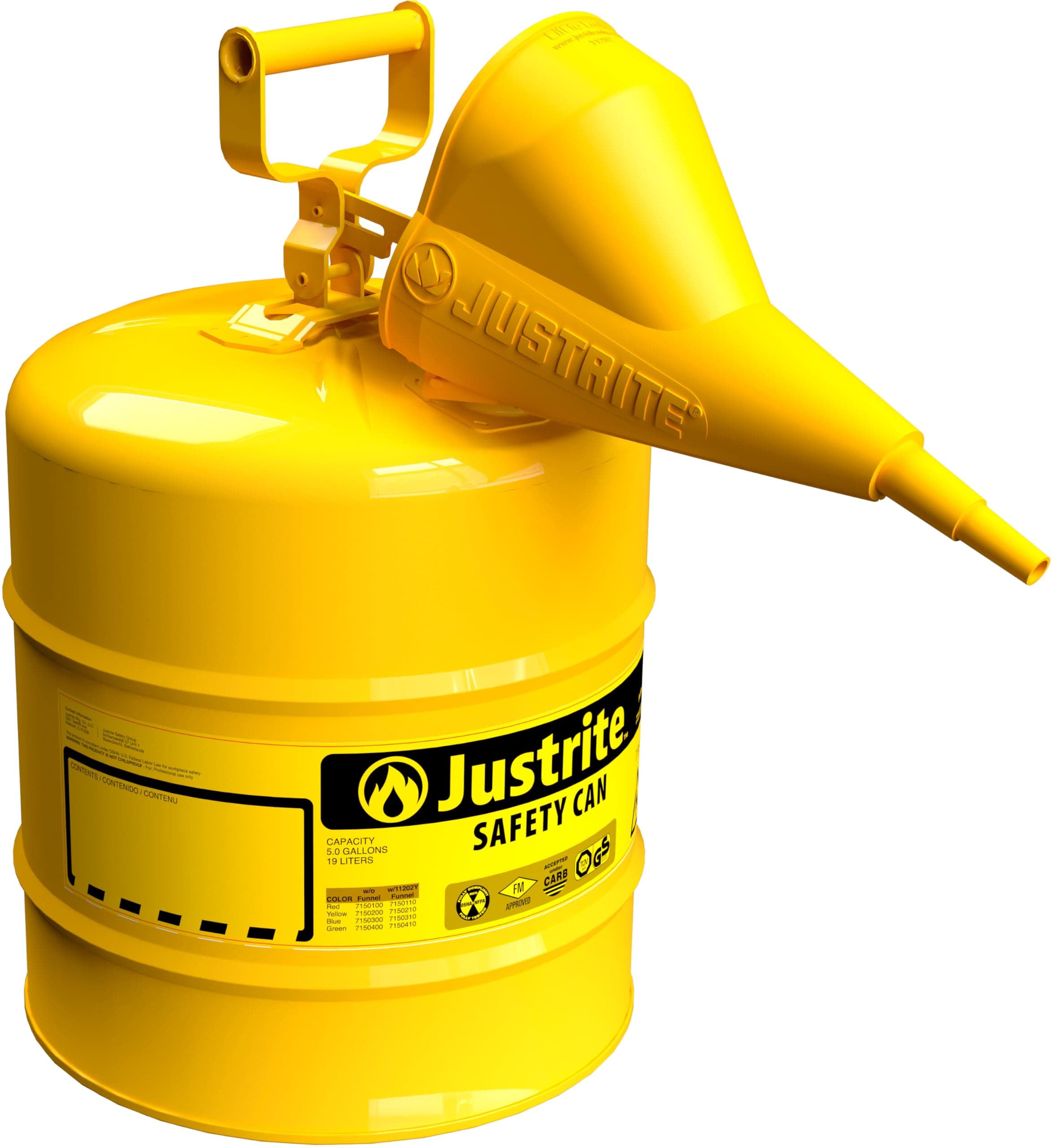 - 5 Gallon Type I Yellow Safety Can for Diesel with Flame Arrester, Self-Closing Lid, and Funnel, Made in the USA, Galvanized Steel Flammable Storage Can, 7150210