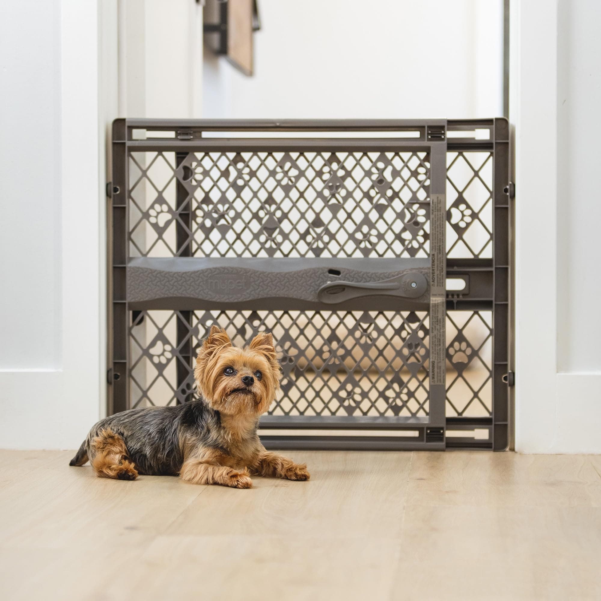 North States Paws Portable Pet Gate: 26-40" Wide. Pressure Mount. No Tools Needed. Made in USA, 23" Tall, Expandable, Durable Dog Gates for Doorways, Fieldstone Gray