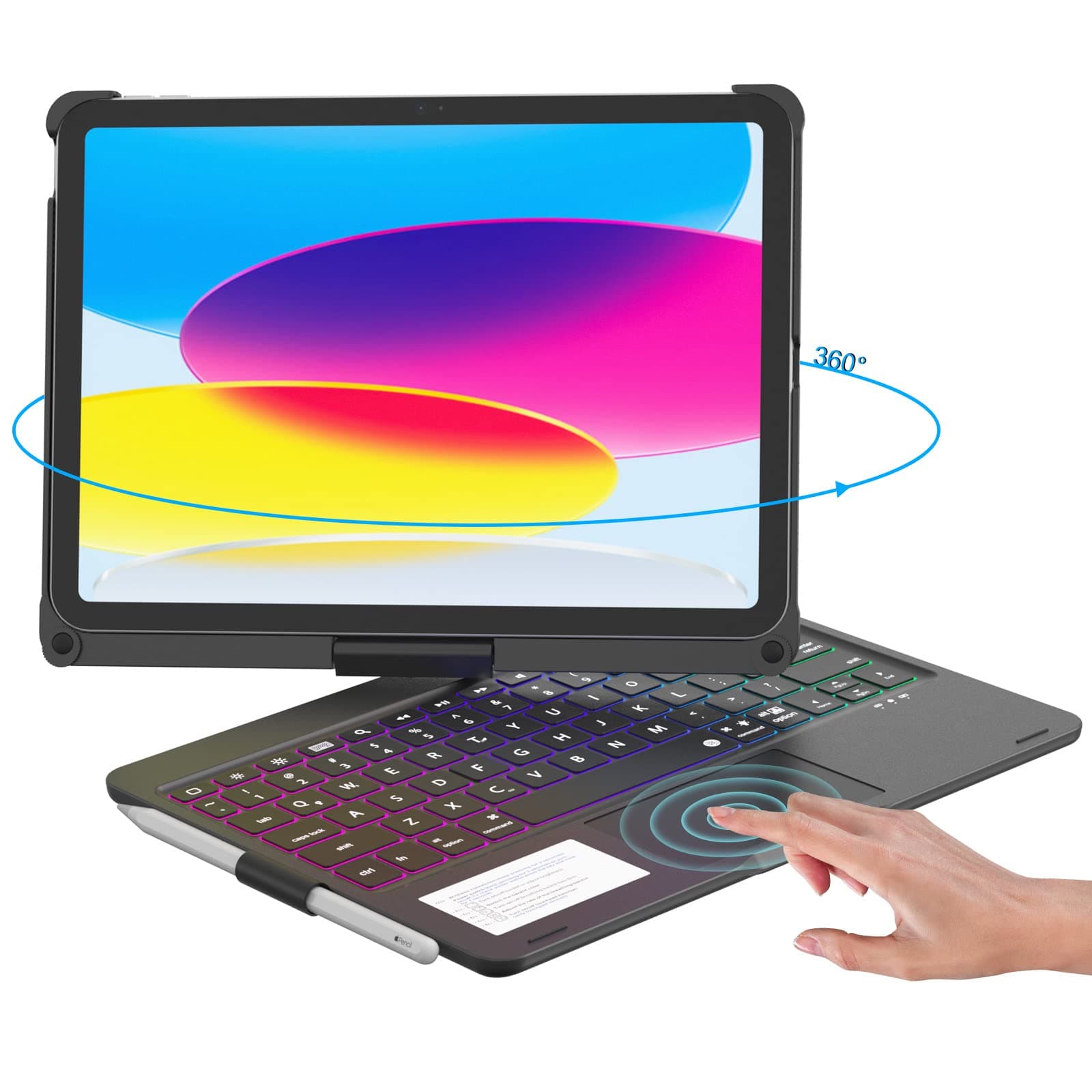NOKBABO Keyboard case Compatible for 10th Generation，Rainbow Backlight,360°Rotation,Multi Touchpad & Pencil Holder, Keyboard case for 10th Generation 10.9" - Black