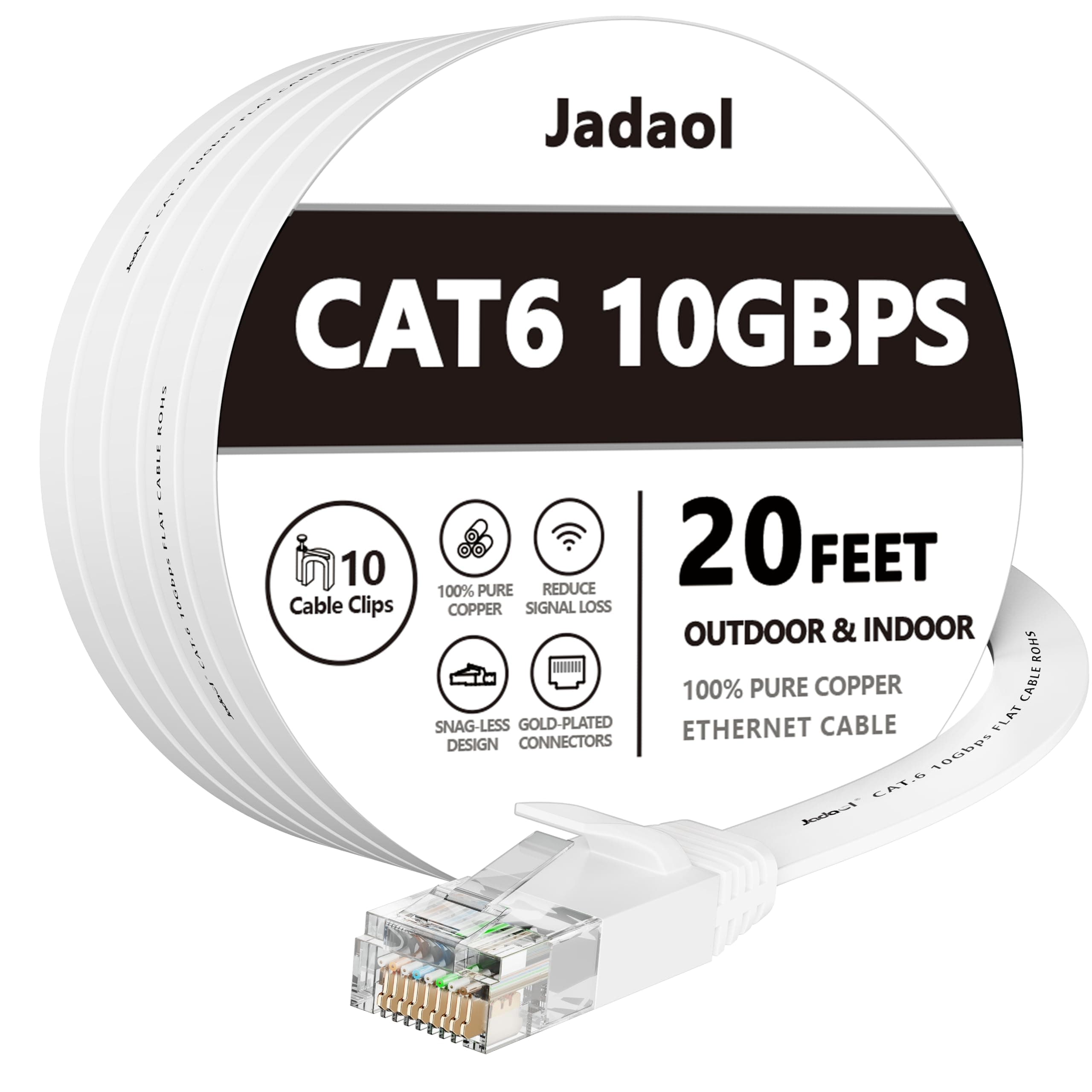 JadaolCat 6 Ethernet Cable 20 ft, Outdoor & Indoor 10Gbps Support Cat8 Cat7 Network, Flat RJ45 Internet LAN Computer Patch Cable for Router, Modem, Switch, Gaming Consoles, Streaming Devices, WhiteCarbonfree Certified