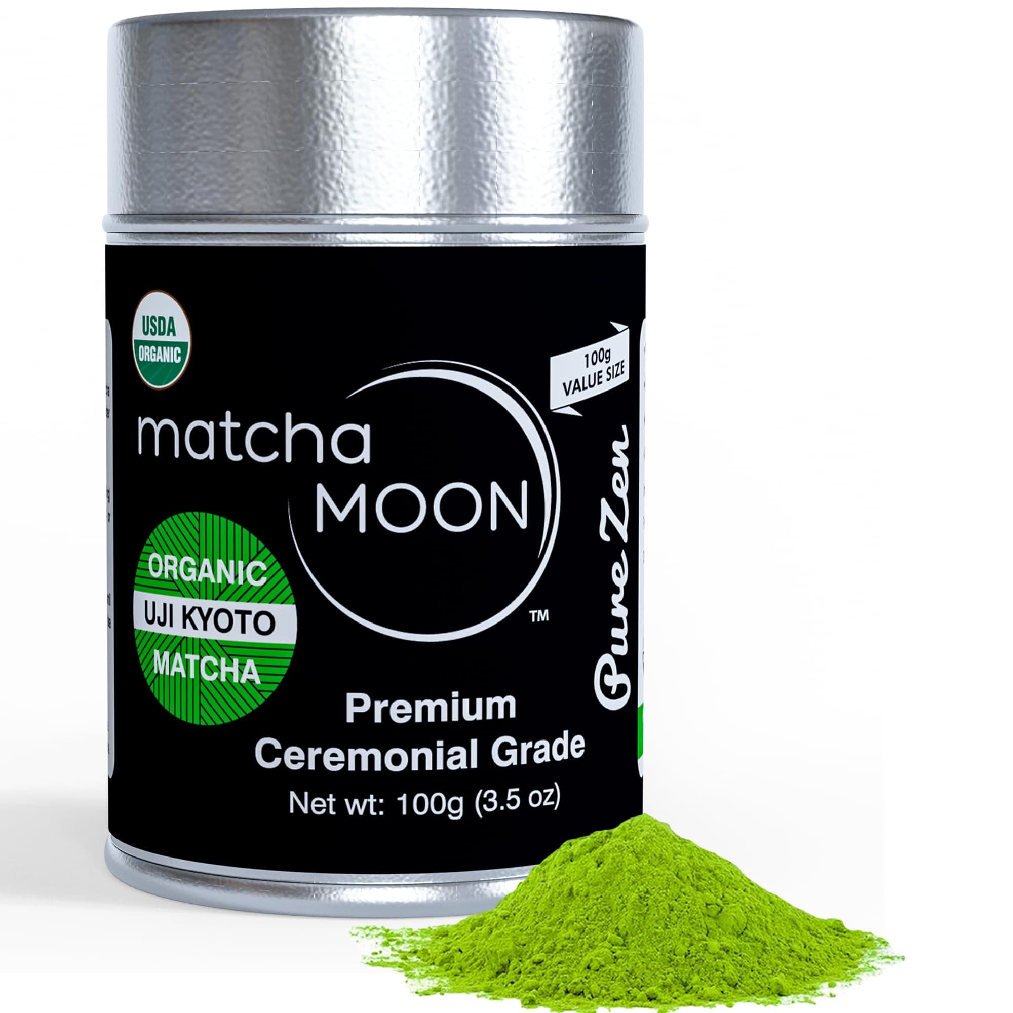 Matcha Moon Pure Zen Ceremonial Grade Matcha Powder | Premium USDA Organic Traditional Japanese Green Tea | First Harvest Uji Kyoto Sourced Tea Powder | 100g Tin