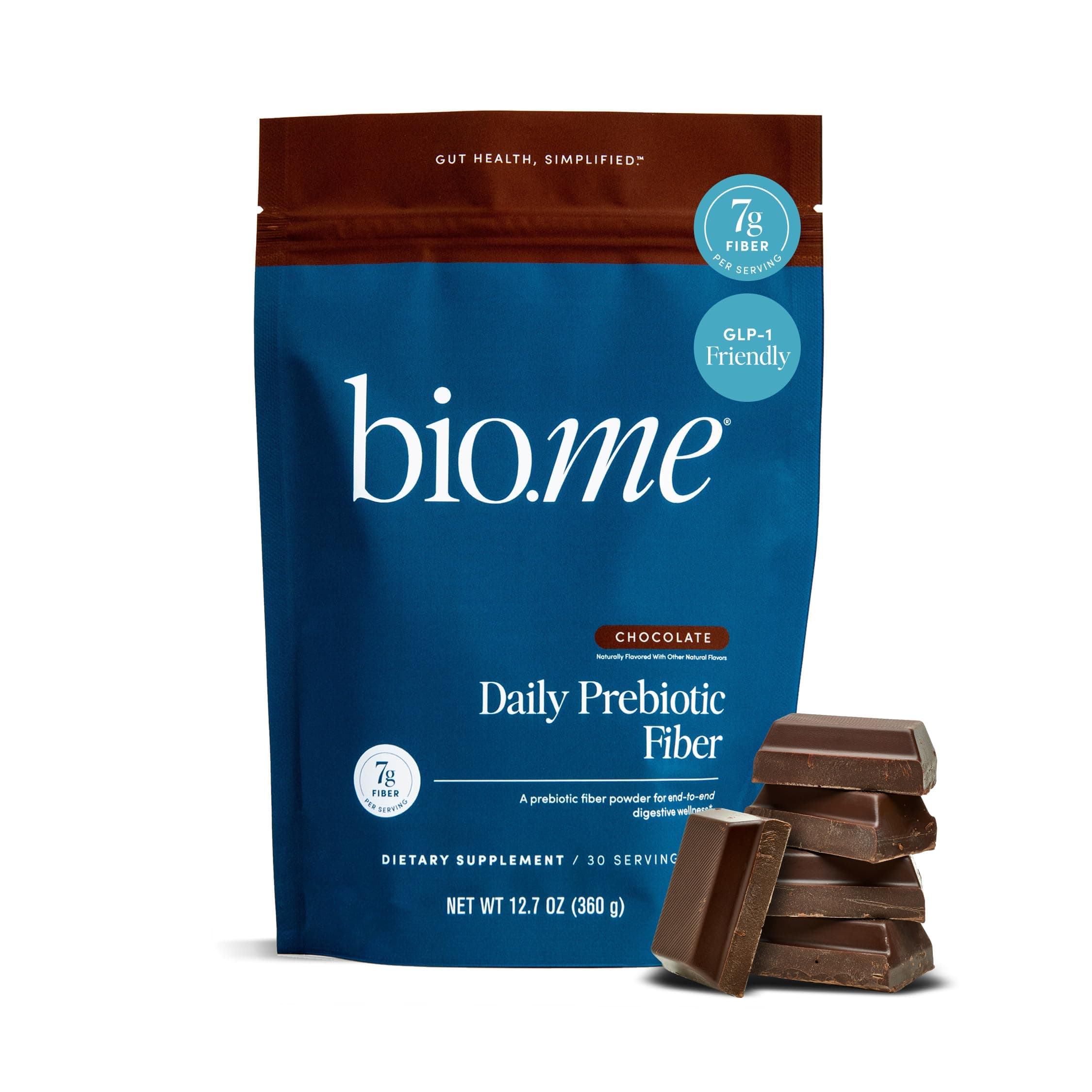 Bio.me Daily Prebiotic Fiber Powder Chocolate - 7g Per Serving - Soluble & Insoluble Fiber Supplement Powder for Women & Men - Digestive Health & Gut Health - GLP-1 Friendly, Sugar Free - 30 Servings