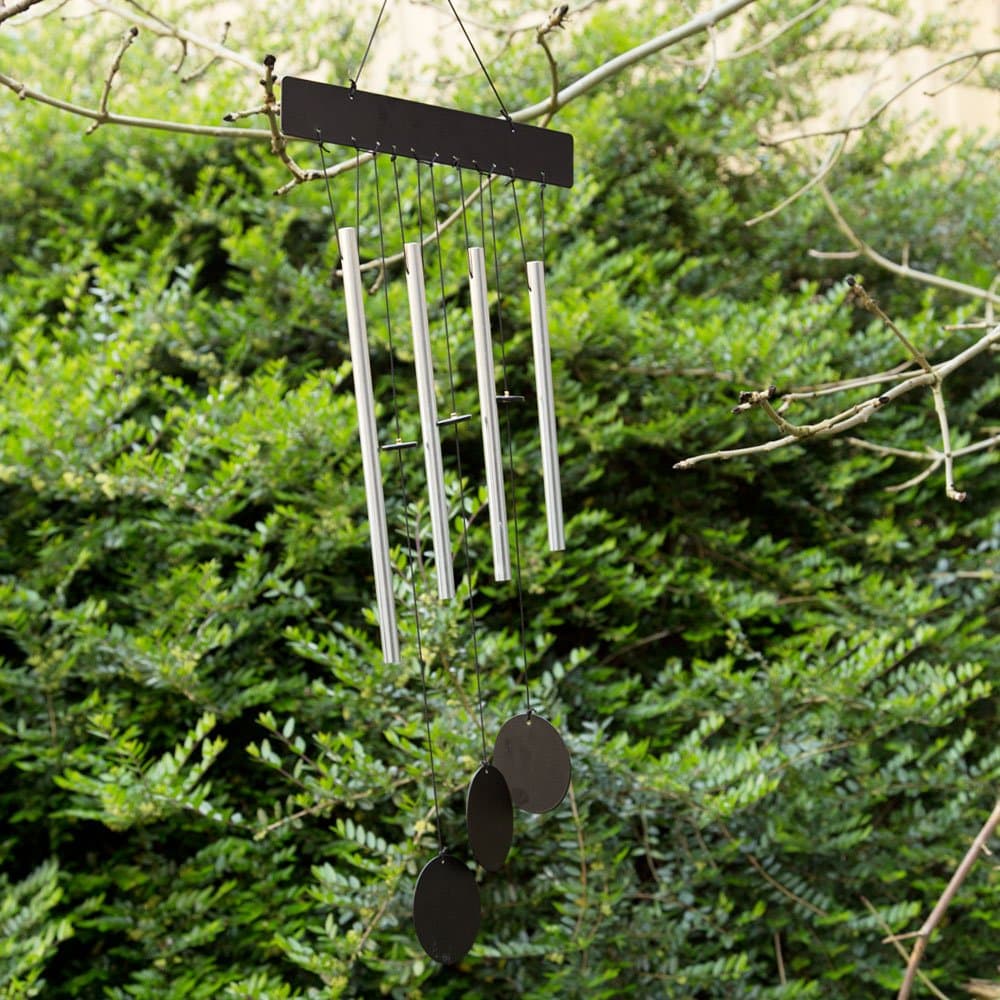 Outdoor Garden Hanging Wind Chime - Modern Flat Metal Chrome & Black - 4 Tubes