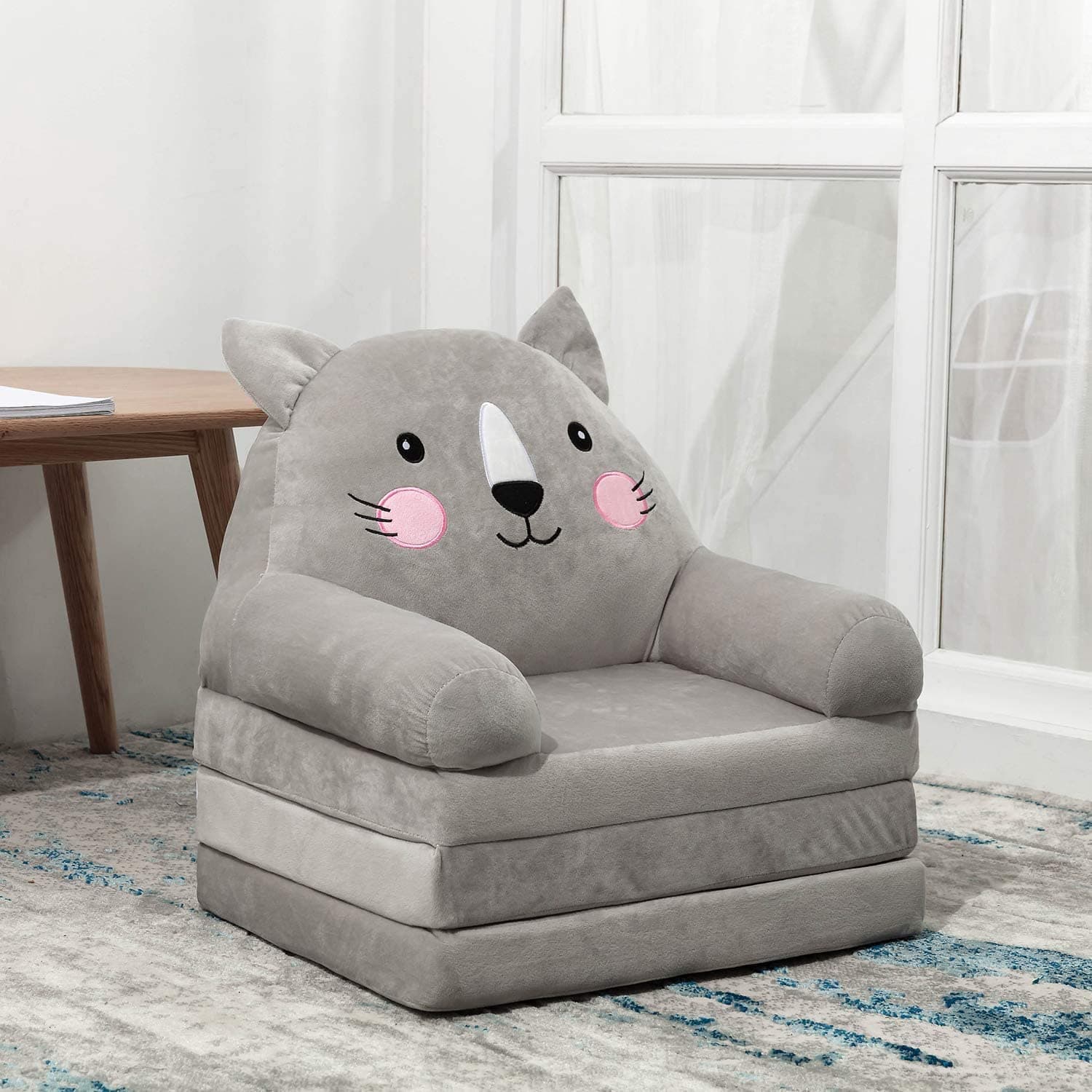 Mofish Cartoon Foldable Kids Sofa, Plush Cat Shape Children Couch Backrest Armchair Bed with Pocket, Upholstered 2 in 1 Flip Open Couch Seat for Infant Toddler Baby Boys Girls (Grey)