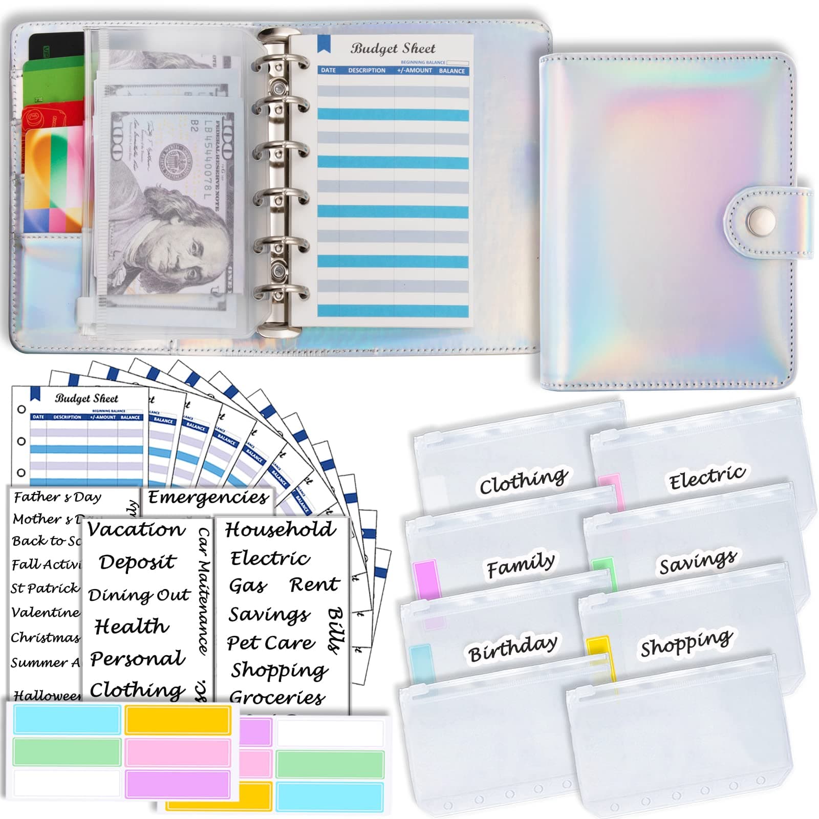 A7 6 Ring Budget Binder with Zipper envelopes, Budget Book Label and Category...