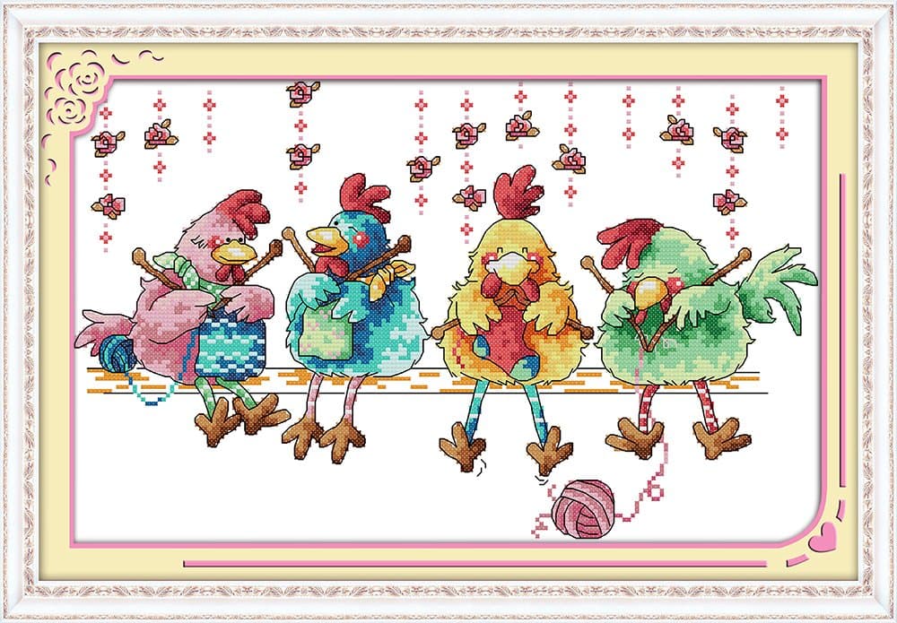 MaydearCross Stitch Stamped Kits Full Range of Embroidery Starter Kits Beginners for DIY 11CT 3 Strands - The Chicken Knitting a Sweater 20.5×13.8(inch)