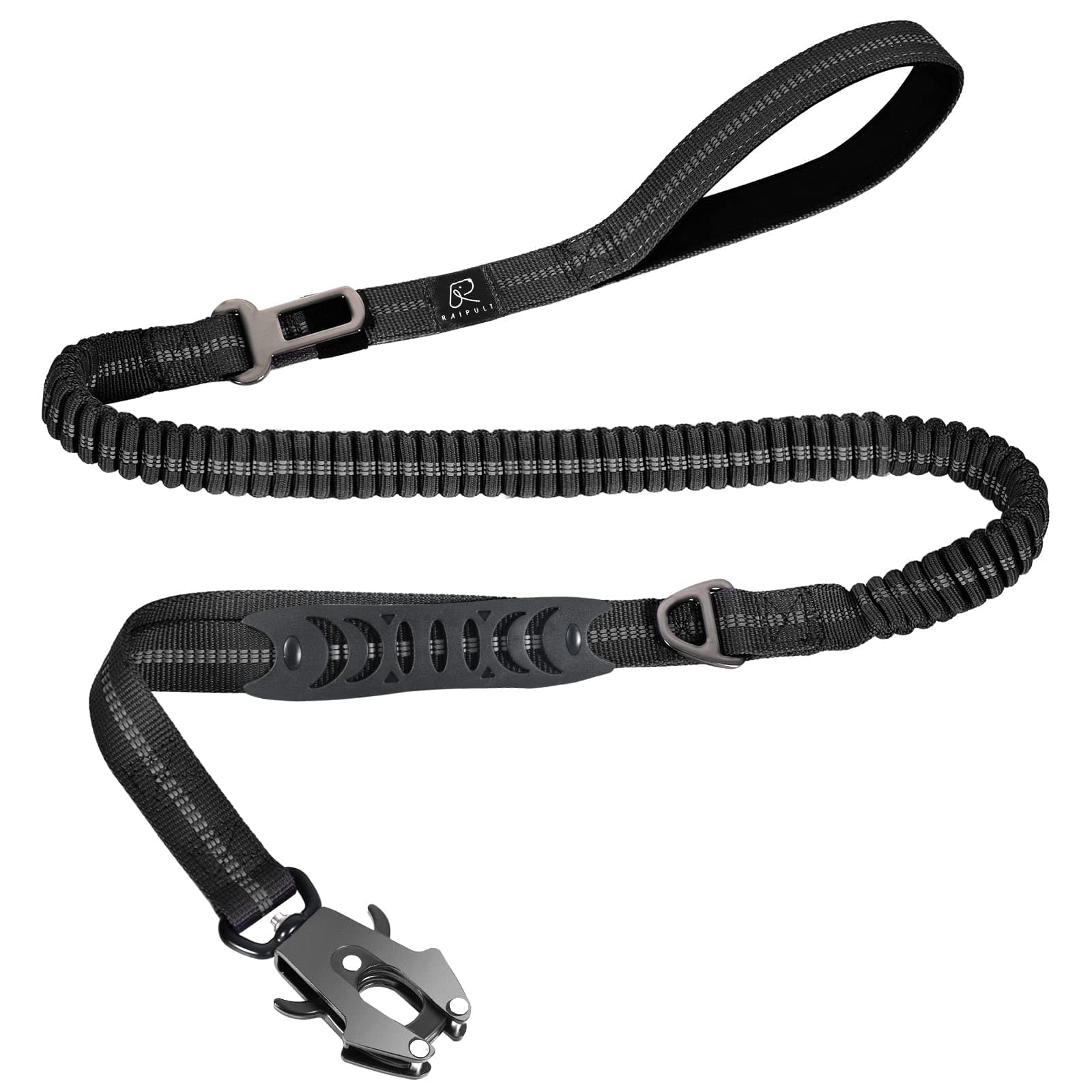 Raipult Tactical Heavy Duty Bungee Dog Leash for Medium Large Dogs That Pull, Military K9 Working Lead, 4-6FT Shock Absorbing Frog Clip Leash with Padded Traffic Handle & Car Seatbelt, Black