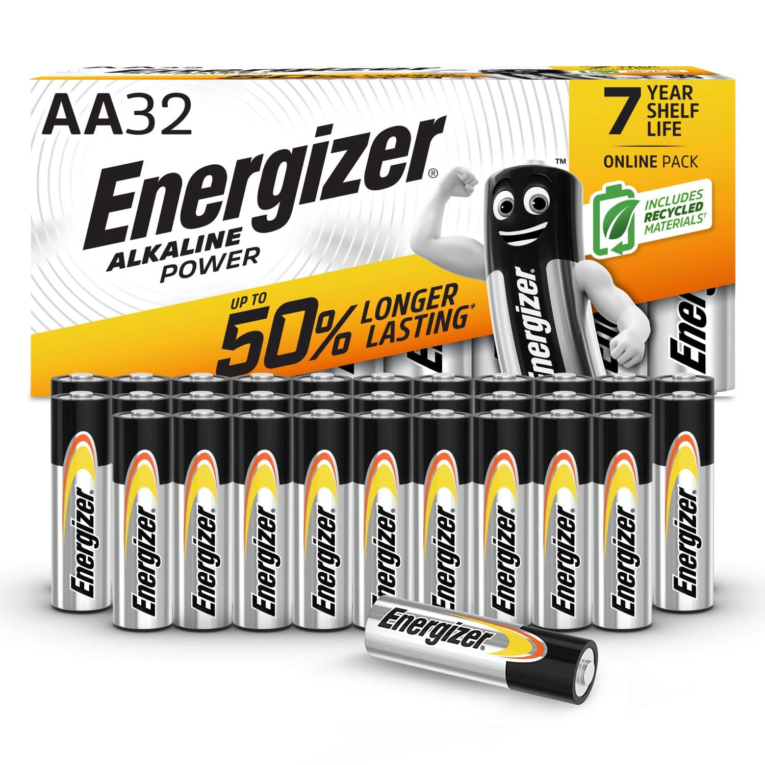 Energizer Alkaline Power - AA Batteries (32 Pack) - Double A Battery 1.5V - Up to 50% Longer Lasting - for Everyday Devices - 100% Recyclable Packaging - 7 Year Shelf-Life [Amazon Exclusive]