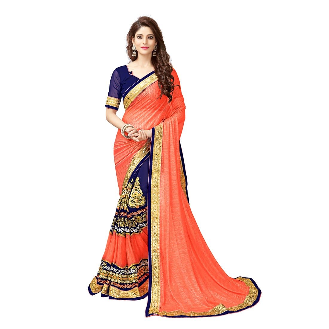Li Te Ra Women's Designer Lycra Embroidered Saree One Size Orange