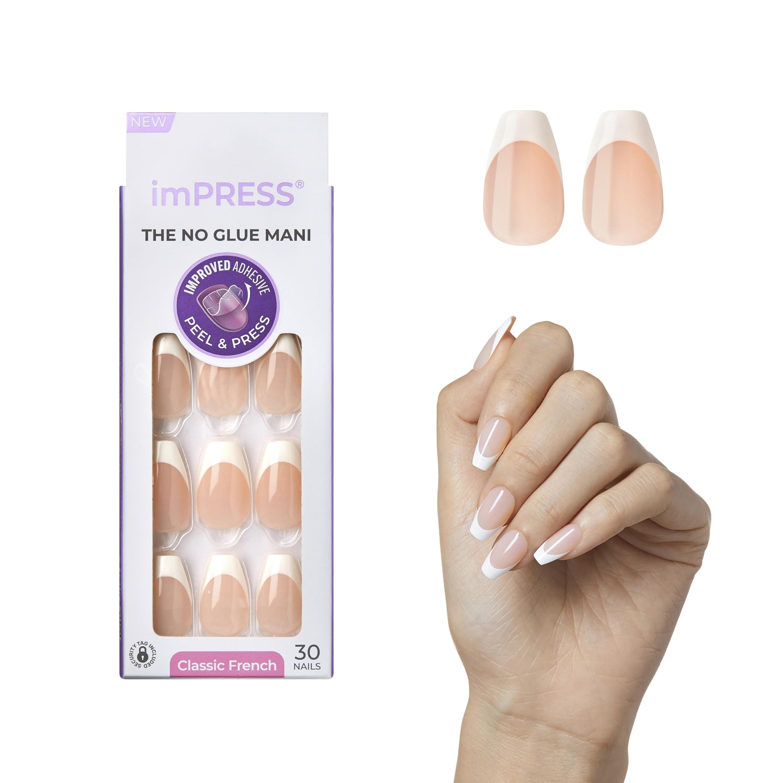 KISS imPRESS No Glue Mani Press On Nails, French, 'Ideal', White, Medium Size, Coffin Shape, Includes 30 Nails, Prep Pad, Instructions Sheet, 1 Manicure Stick, 1 Mini File