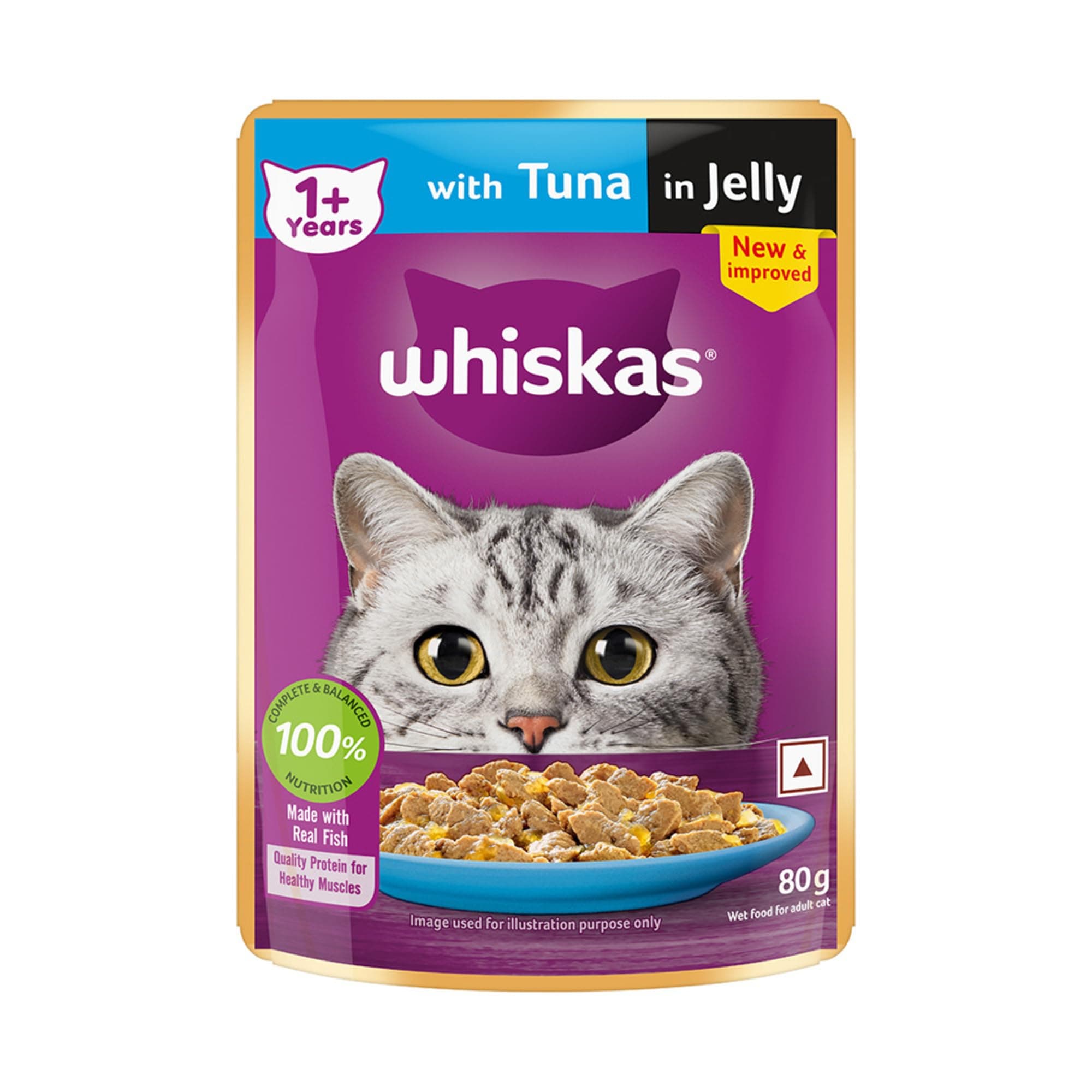 Whiskas Adult (1+ Years) Wet Cat Food, Tuna in Jelly, 80 g, Hydrating Food Made With Real Fish, 100% Complete & Balanced Nutrition for Adult Cats
