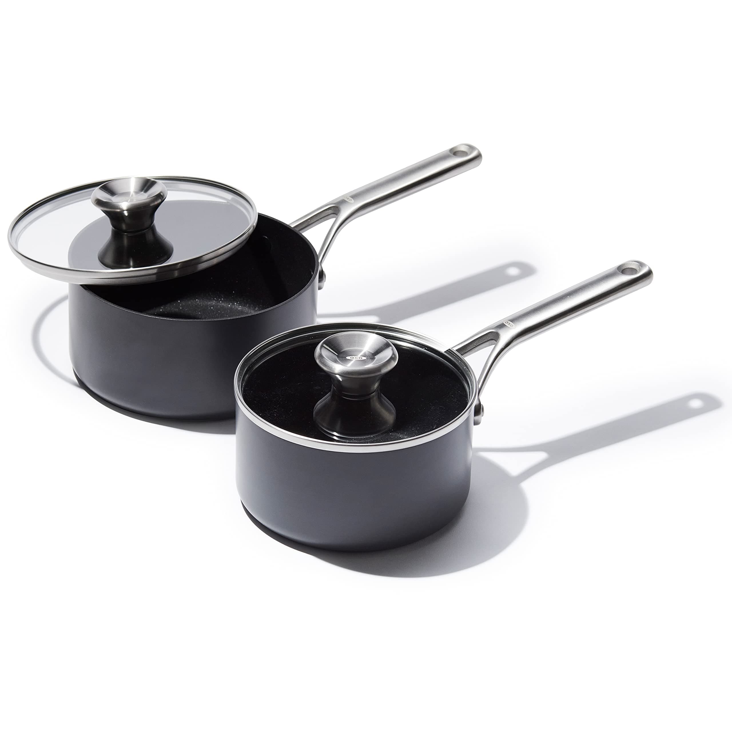 Professional 1.7QT and 2.3QT Saucepan Pot Set with Lids Hard Anodized Ceramic Nonstick Cookware PFAS-Free Induction Suitable Stainless Steel Diamond Reinforced Coating Dishwasher/ Oven Safe Black