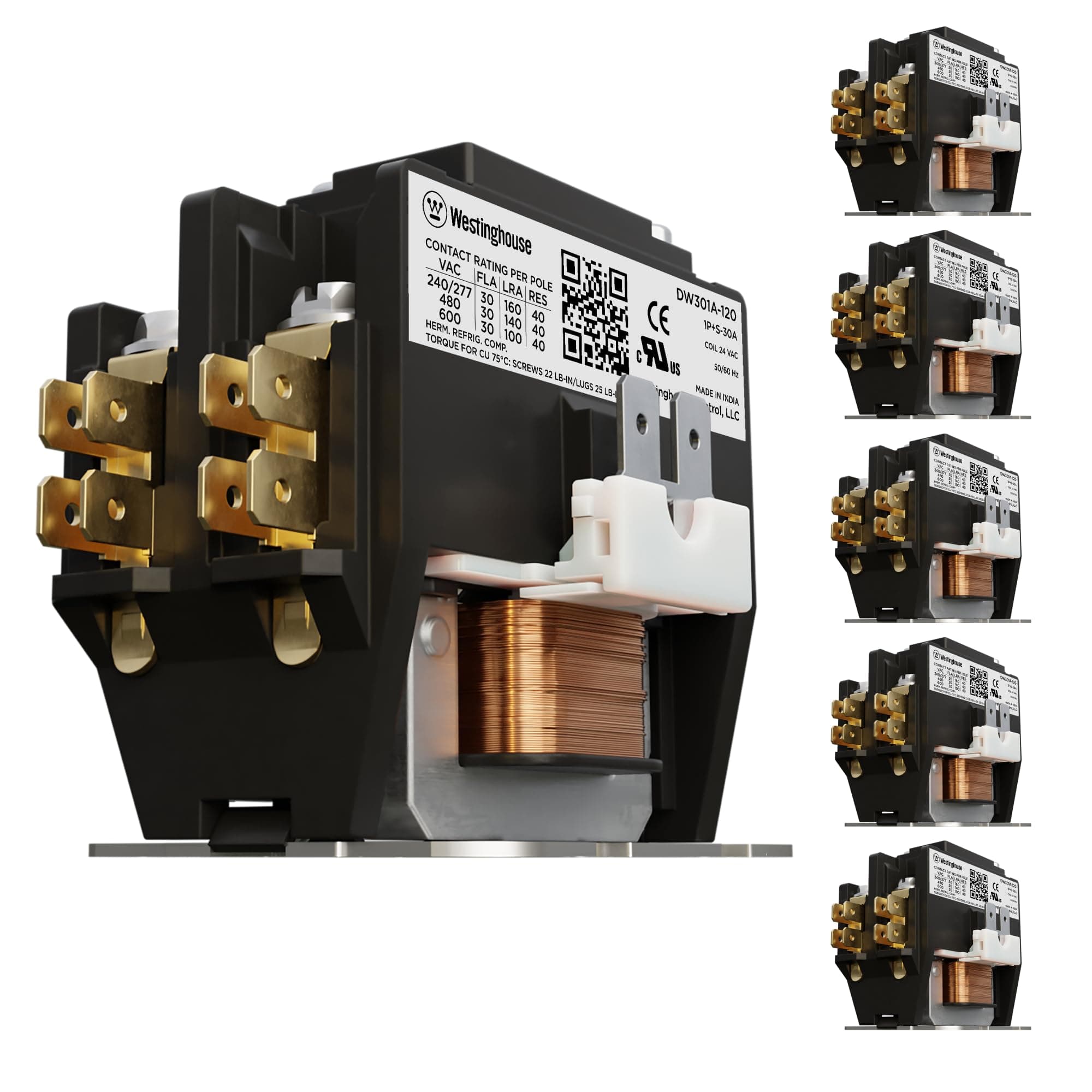 Westinghouse AC Contactor, 5-Pack, 1 Pole, 30 Amp, 24V Coil, Line Lugs & Load Screws, Definite Purpose HVAC Contactor, UL Recognized & Approved for UL 60335