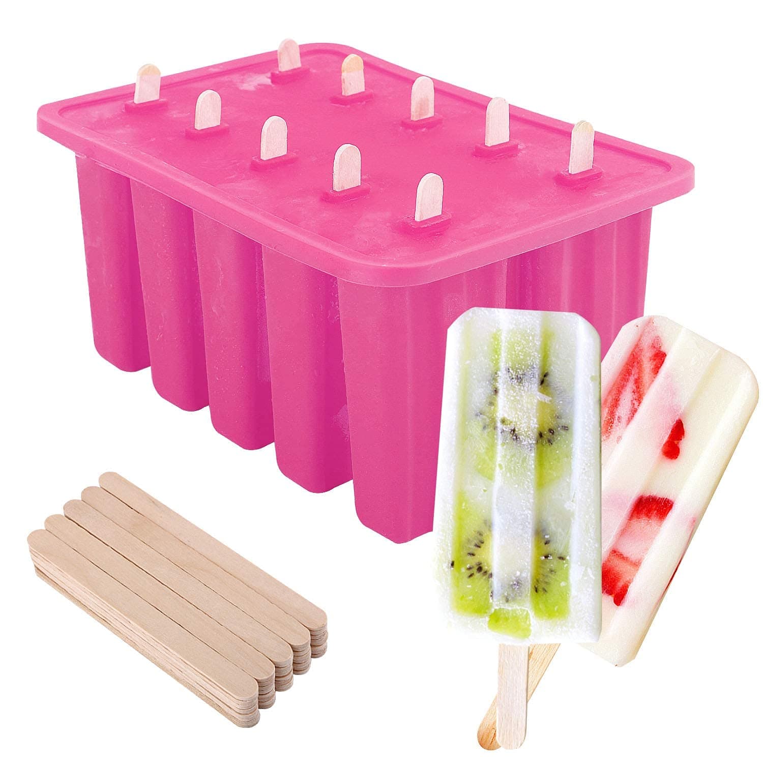 Nuovoware Ice Pop Makers, Popsicle Maker [Cavity of 10] Food Grade Silicone Popsicle Maker with 100 Sticks, Easy Release and Clean, Pink