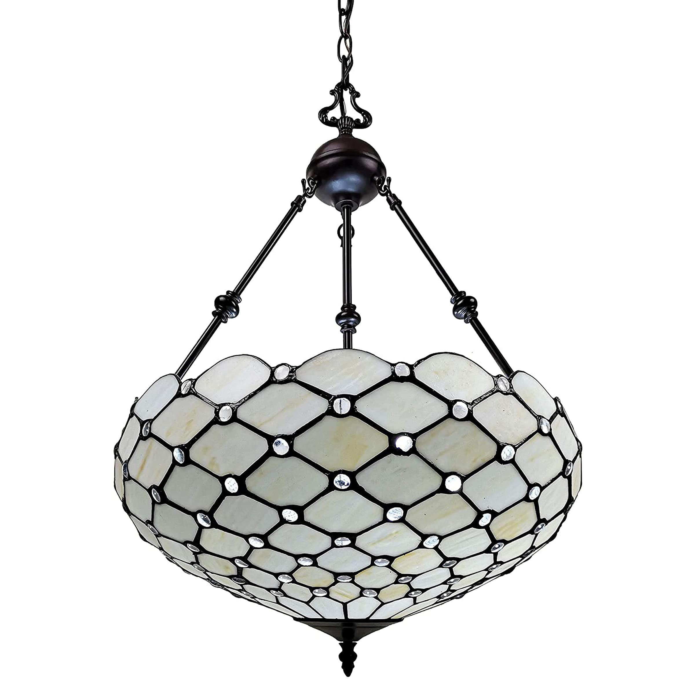 Amora Tiffany Style Hanging Lamp Jeweled Chandelier 18" Wide Stained Glass White Antique Vintage Light Decor Restaurant Game Living Dining Room Kitchen Gift AM1117HL18B Lighting