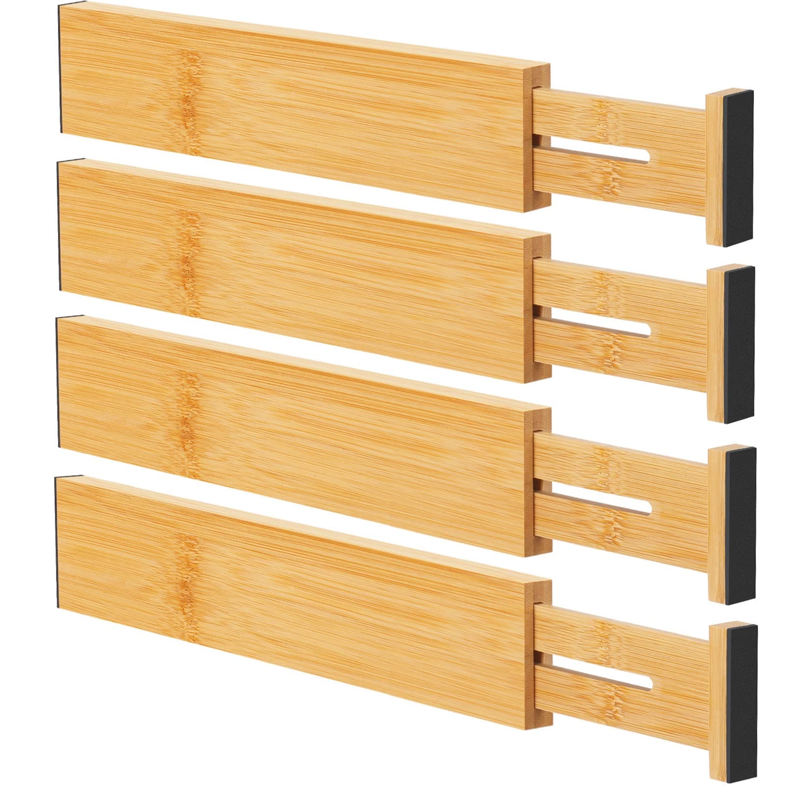 Bamboo Drawer Dividers Organizers, Kitchen Drawer Organizer, Adjustable Drawer Divider for Clothes, Kitchen, Dresser, Bedroom, Bathroom and Office, 4-Pack (Natural, 12-17 IN)