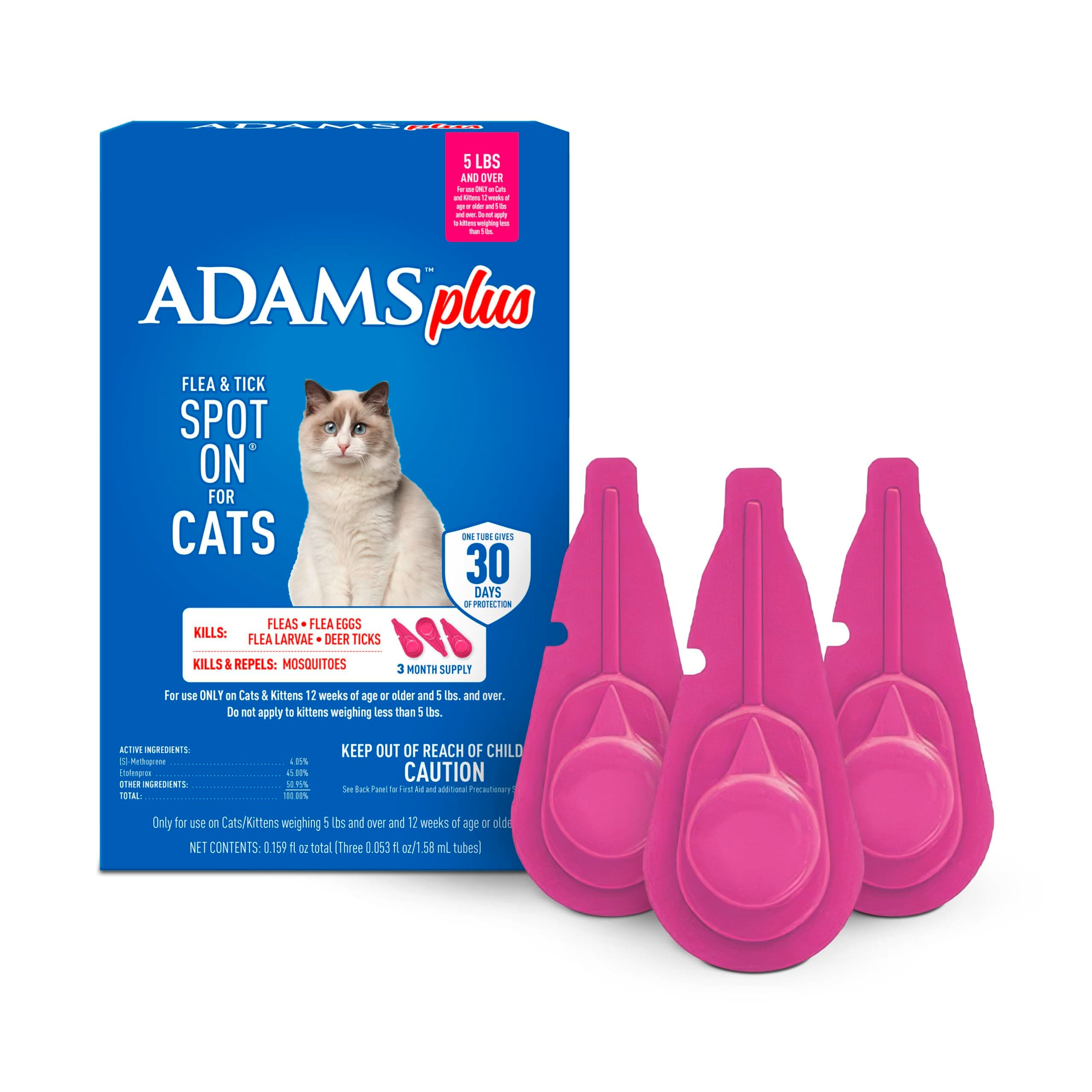 ADAMS Plus Flea and Tick Prevention Spot On for Cats, Kills Fleas & Ticks (Brown Dog/Deer Ticks), Kills and Repels Mosquitoes, Prevents Flea Infestations, 3-Month Supply, 3 Pack