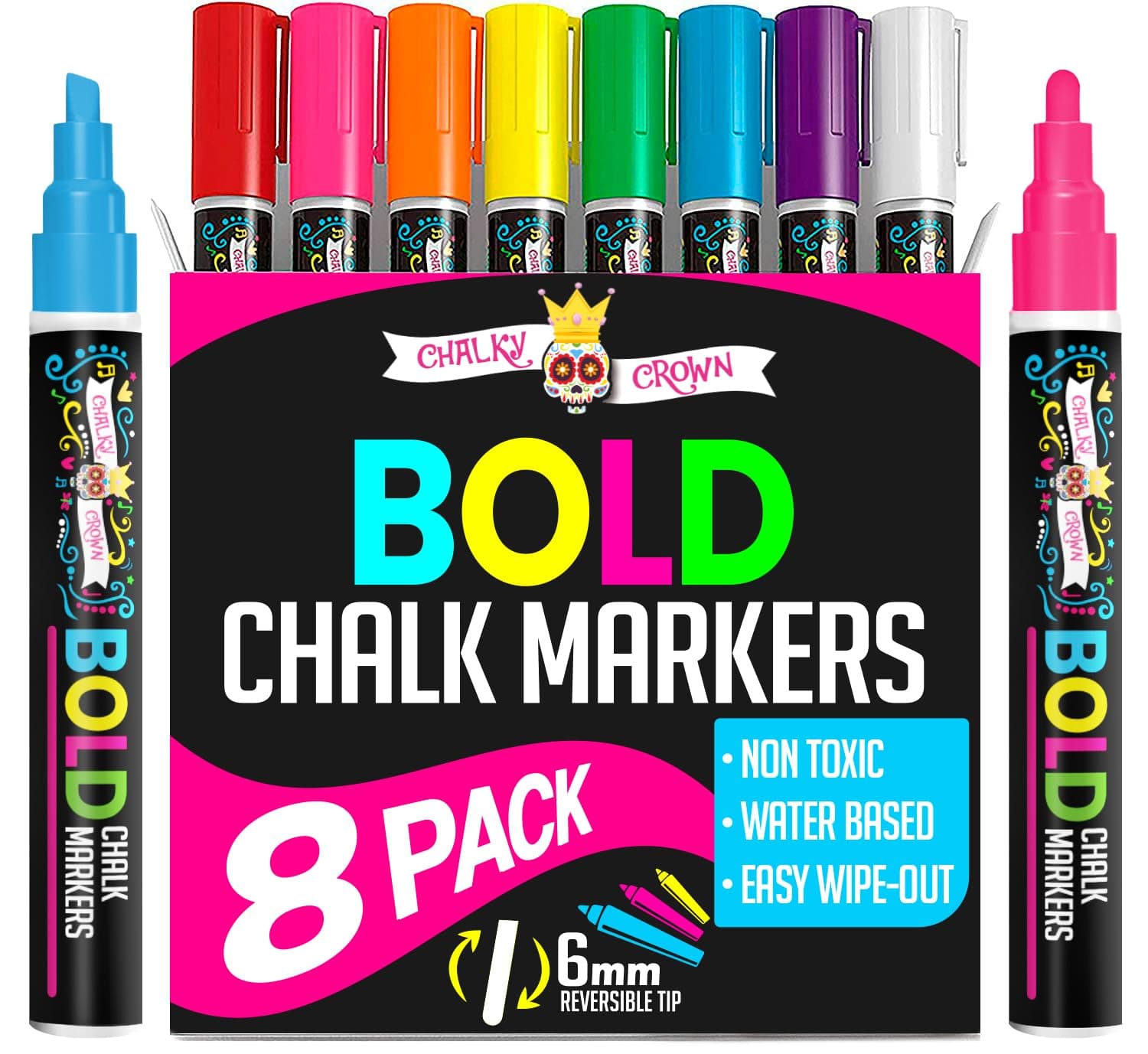 Liquid Chalk Pens - Dry Erase Marker Pens - Chalk Pens for Chalkboards, Signs, Windows, Blackboard, Glass Reversible Tip (8 Pack) (Multicolored, 6mm)