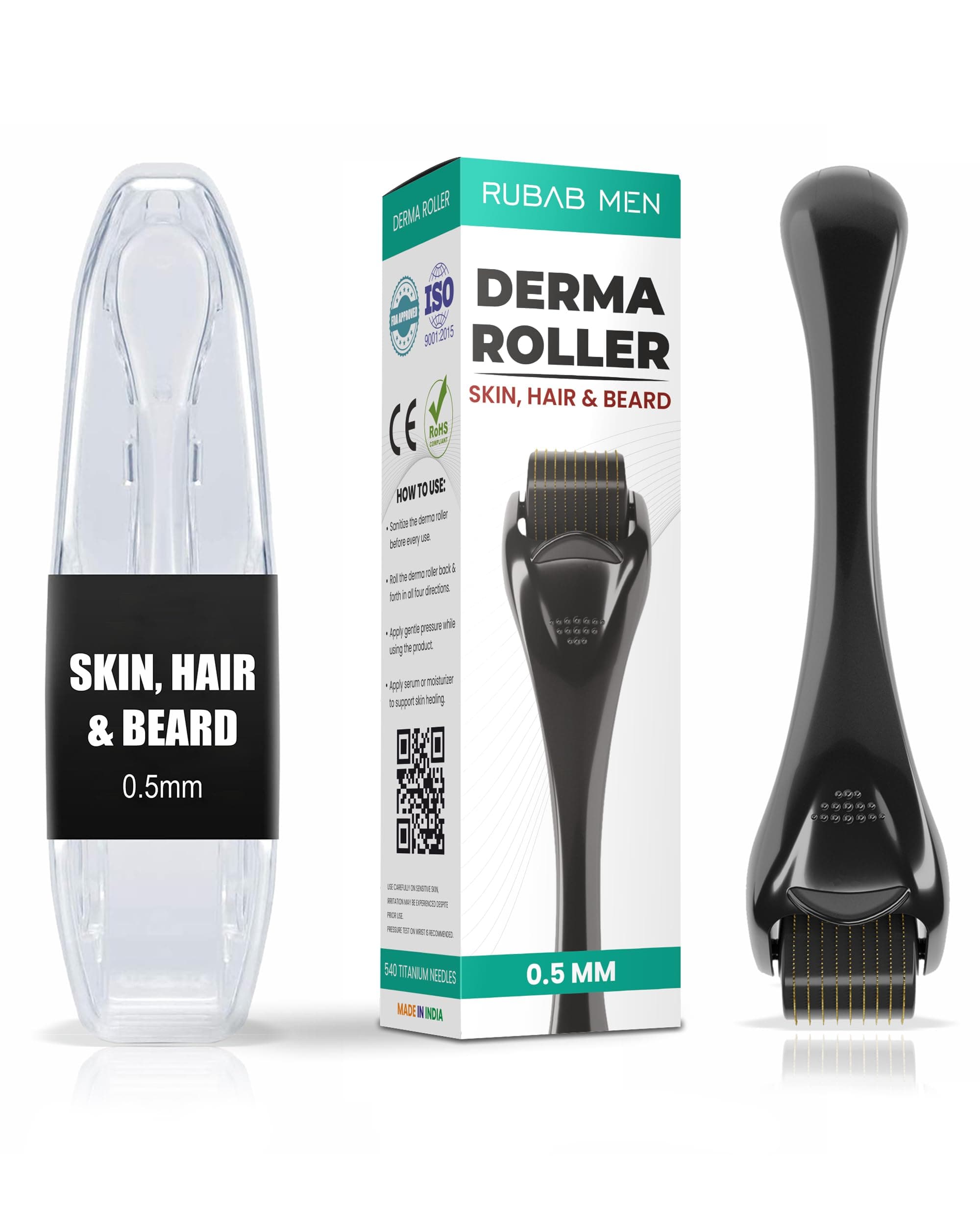 RUBAB MEN 0.5Mm Derma Roller With Travel Case|For Hair Growth&Rejuvenates Skin Tone|540 Titanium Needles Activates Follicles For Faster,Thicker&Fuller Patchy Beard Growth|Safe&Easy To Use,100 Grams