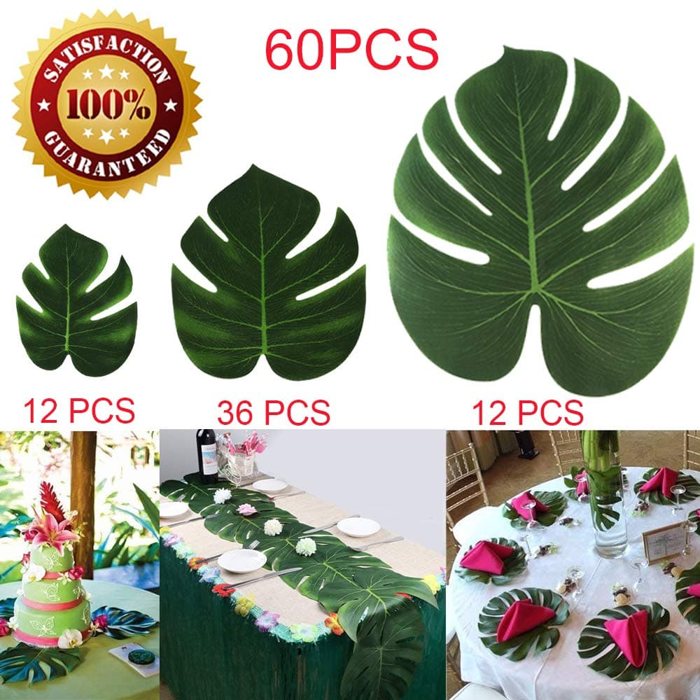 60Pcs Artificial Palm Leaves Tropical Plant Faux Leaves Hawaiian Luau Party Jungle Beach Theme BBQ Birthday Party Table Leaves Decorations (12 Small+36 Middle+12 Large)