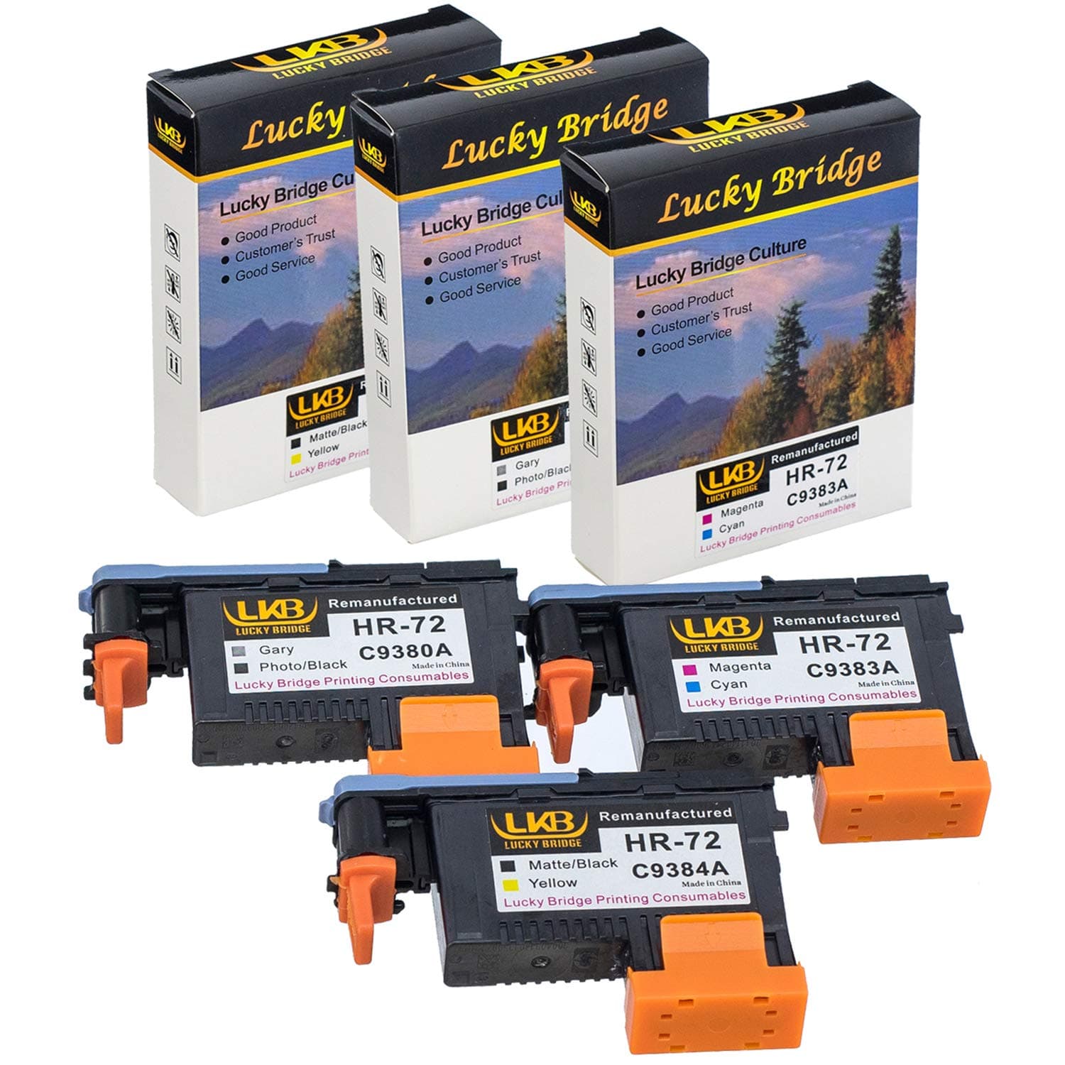 LKB 1 set HP72 Remanufactured printheads C9380A C9383A C9384A with New Updated Chips compatible with HP Designjet T610 T620 T770 T790 T1100 T1120 1200 T1300 T2300 (1MK/Y+1C/M+1PK/G)-US