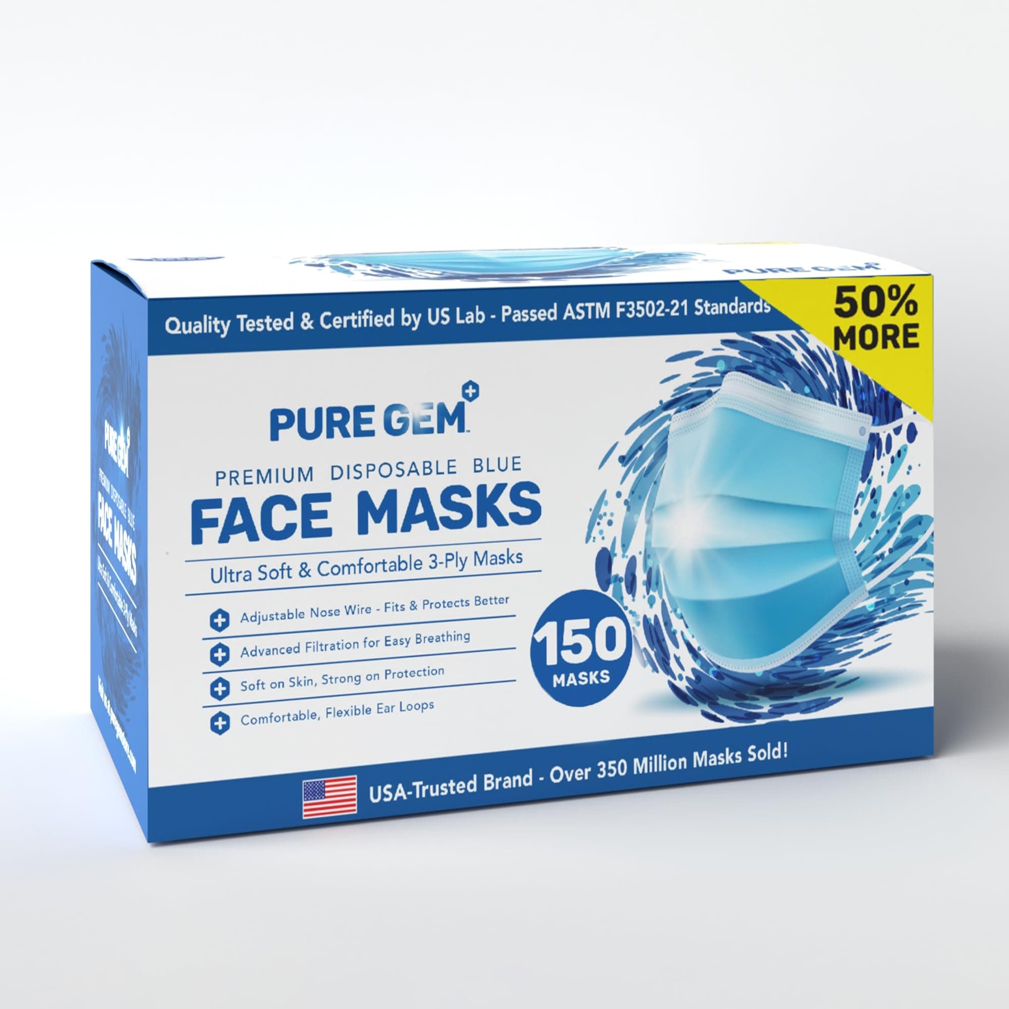 PURE GEM [Pack of 150] Single Use Disposable Blue Face Mask, Soft on Skin, 3-ply Masks Facial Cover with Elastic Earloops Great For Home, Office, School, and Outdoors