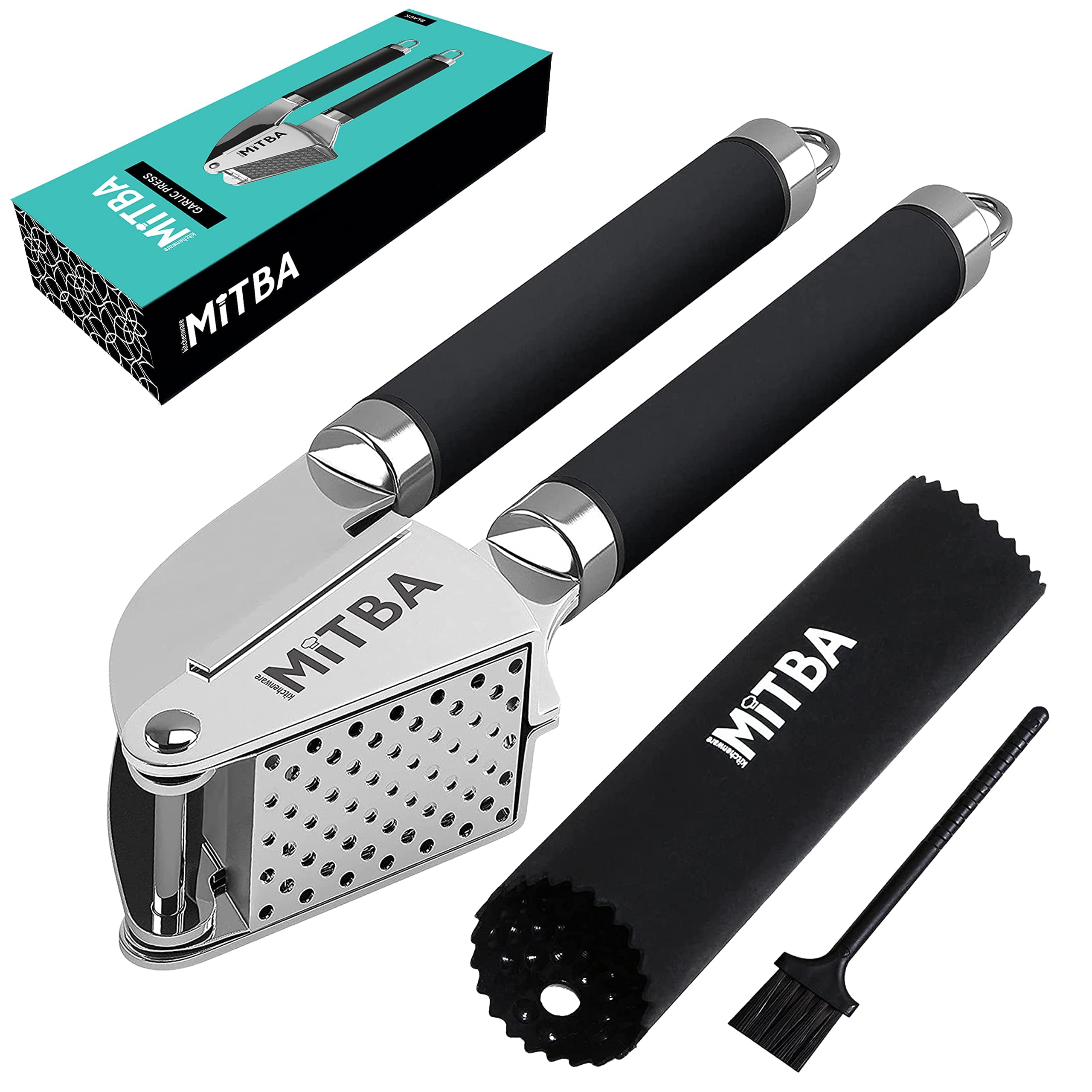 Garlic Press set- Professional Stainless Steel Mincer, User Friendly With Non-Slip Handles Easy To Clean, And Highly Durable. Crusher Silicone Tube Peeler & Cleaning Brush Included (Black)