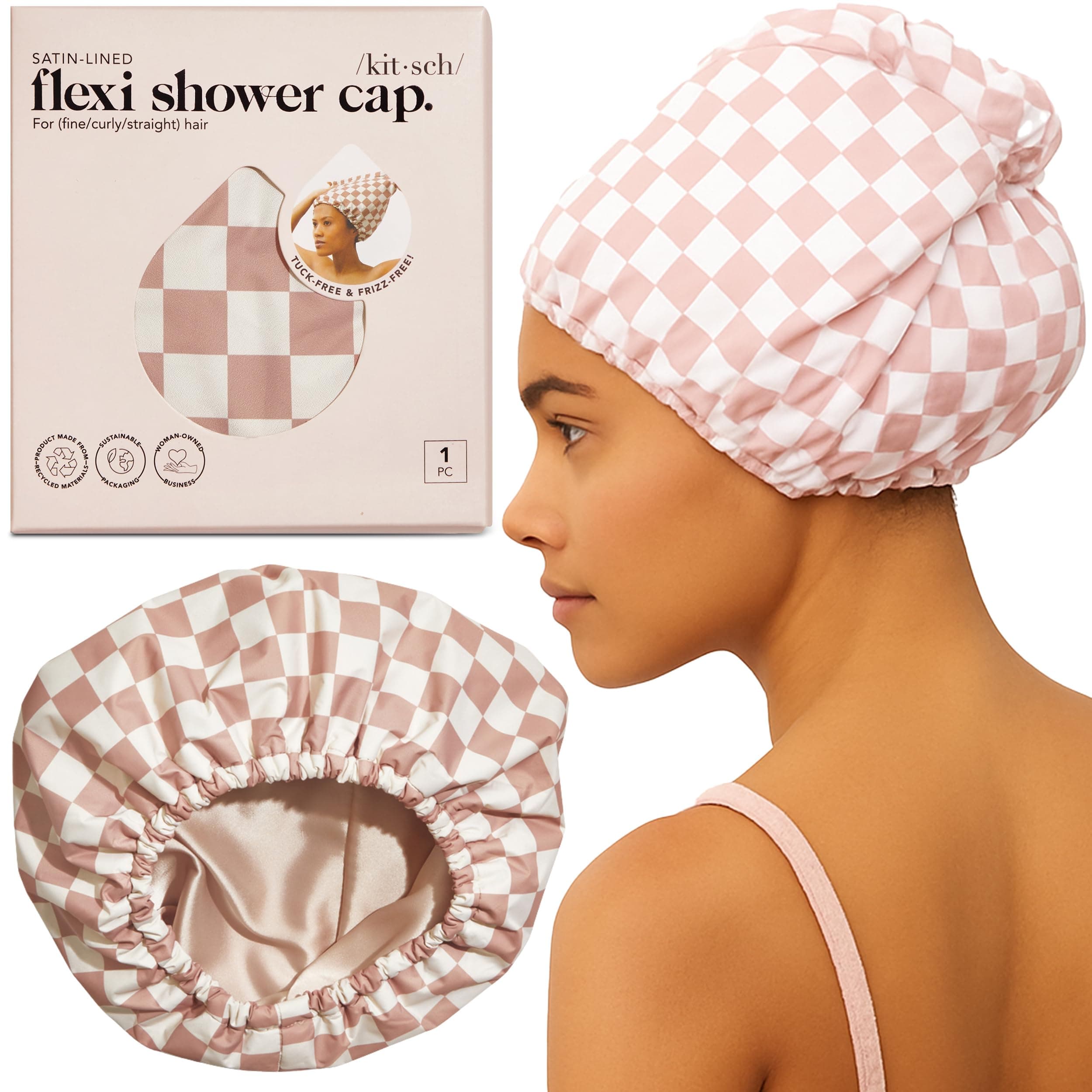 Kitsch Luxury Shower Cap for Women Waterproof - Satin Lined Shower Cap | Reusable Shower Cap | Adjustable Hair Cap for Shower | Shower Bonnet | Waterproof Hair Shower Caps for Long Hair - Terracotta