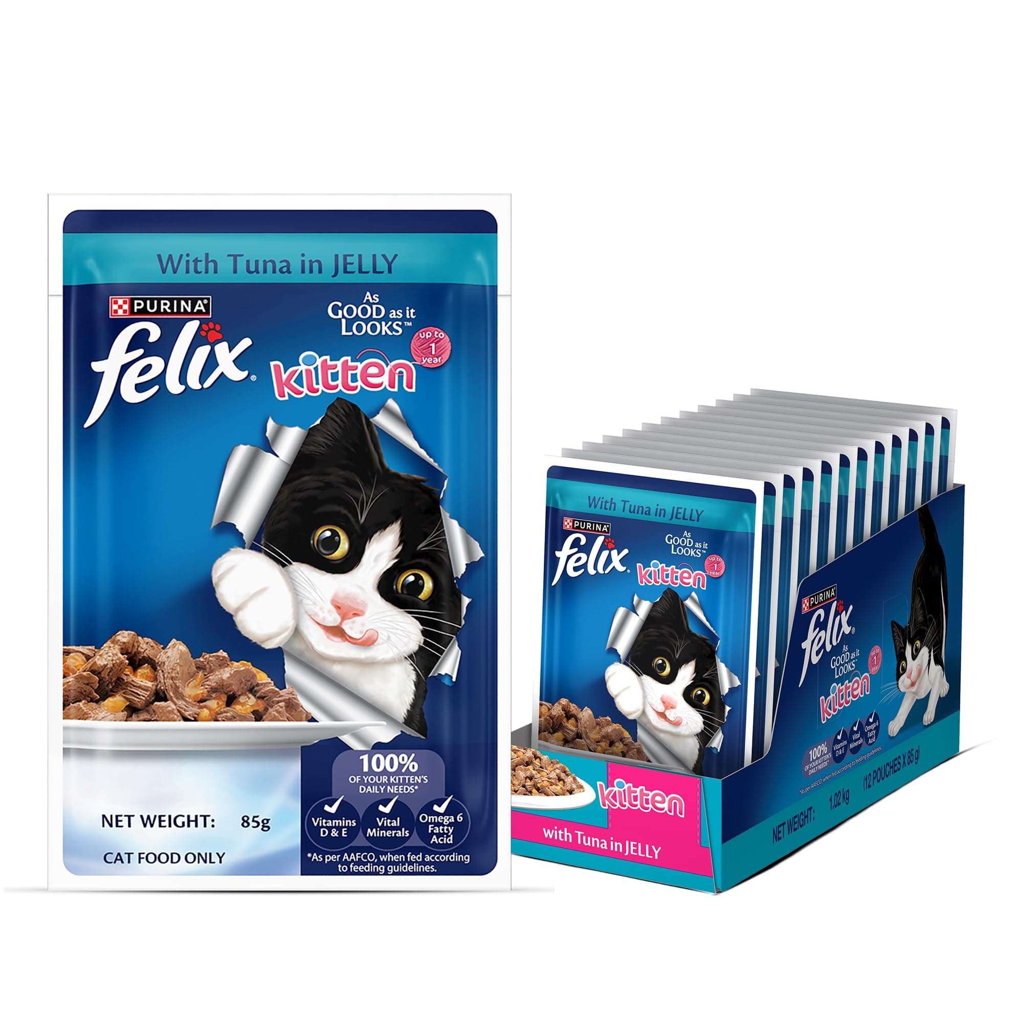 Felix with Tuna in Jelly | Wet Food for Kittens | Complete and Balanced Cat Food, Pack of 12 Pouches (12 x 85 g)