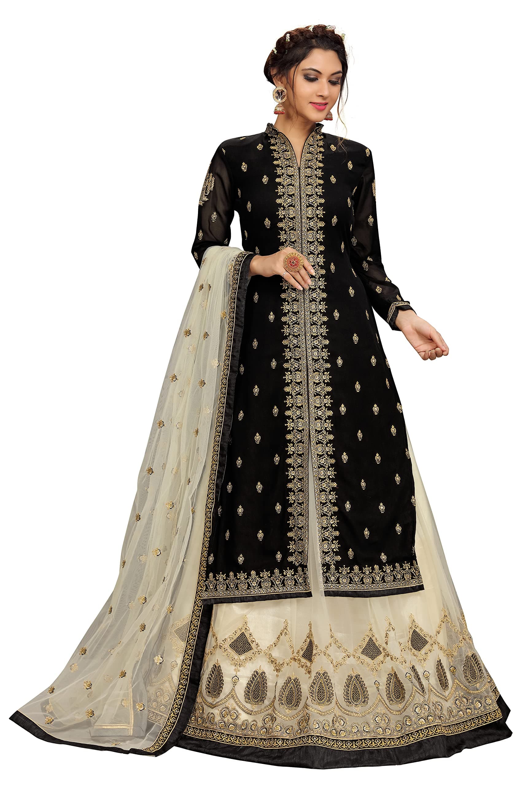 Women's Georgette Net Embroidery Salwar Suit Set Kurta Lehenga with Dupatta