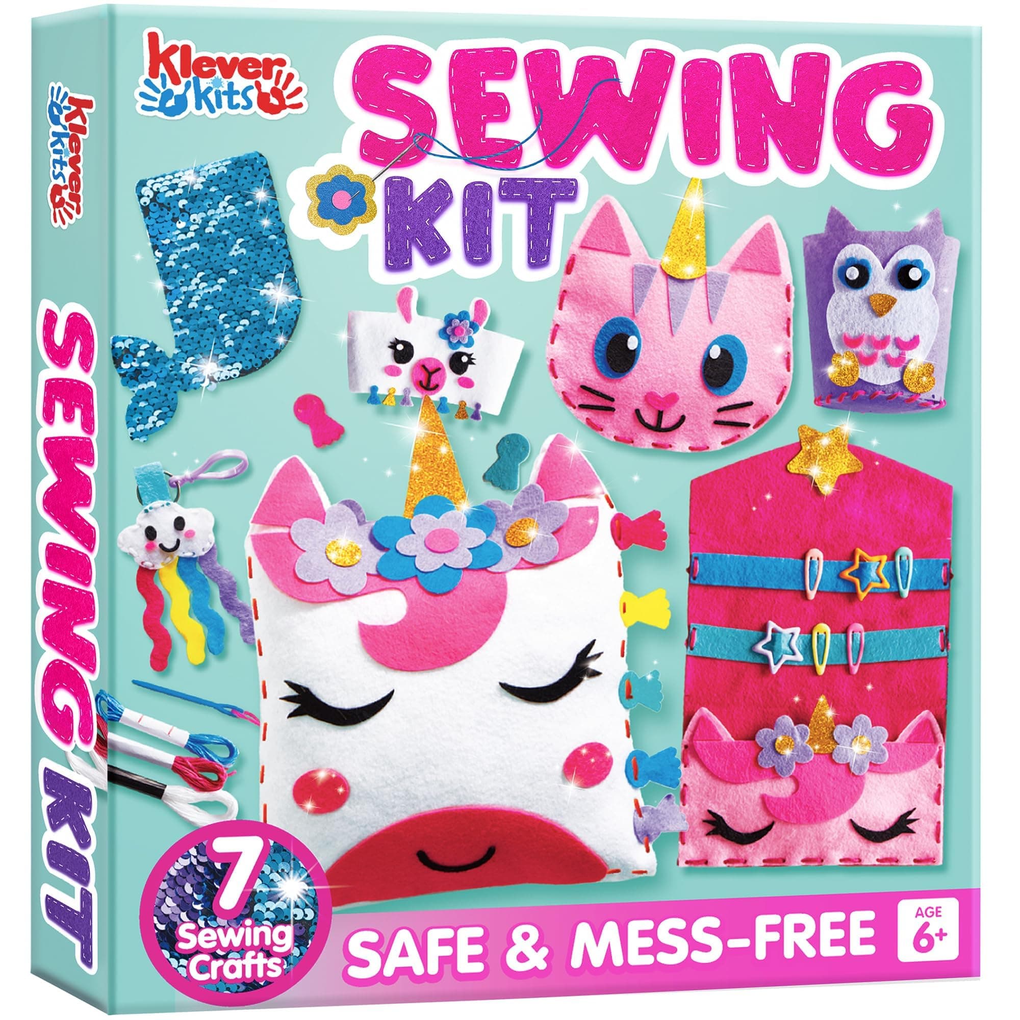 Klever Kits My First Felt Sewing Kit for Kids Age 6,7,8,9,10,Beginner Craft,7 Easy DIY Wildlife Artworks of Unicorn Pillow,Mermaid Card Holder & Keyring Charms,Sew DIY Felt Craft Kits Birthday Gift