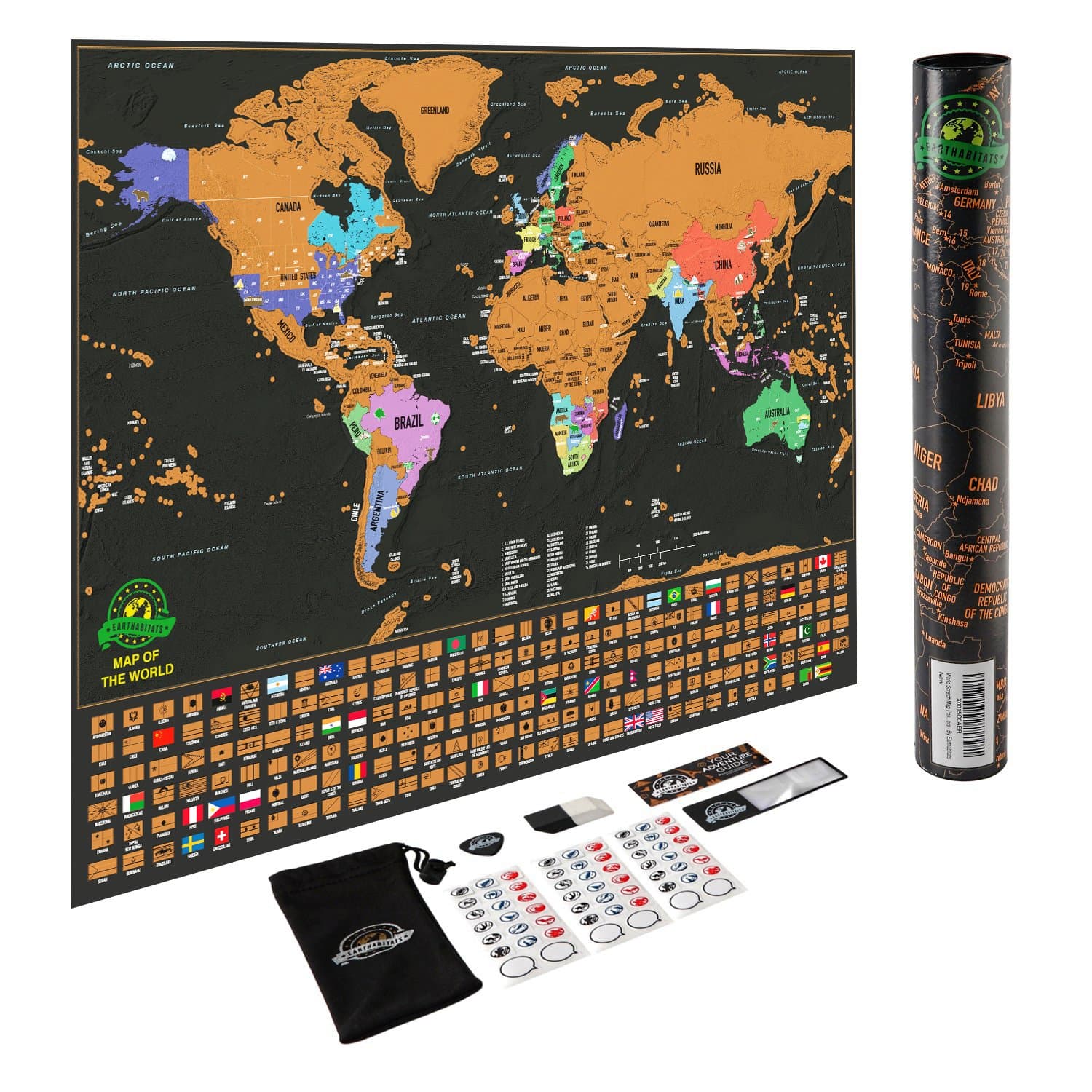 Scratch Off Map of The World – Deluxe Travel Map with US States and Country Flags, Full Accessories Set, Most Vibrant Colors, Tracks Where You Have Been, for Travelers, by Earthabitats