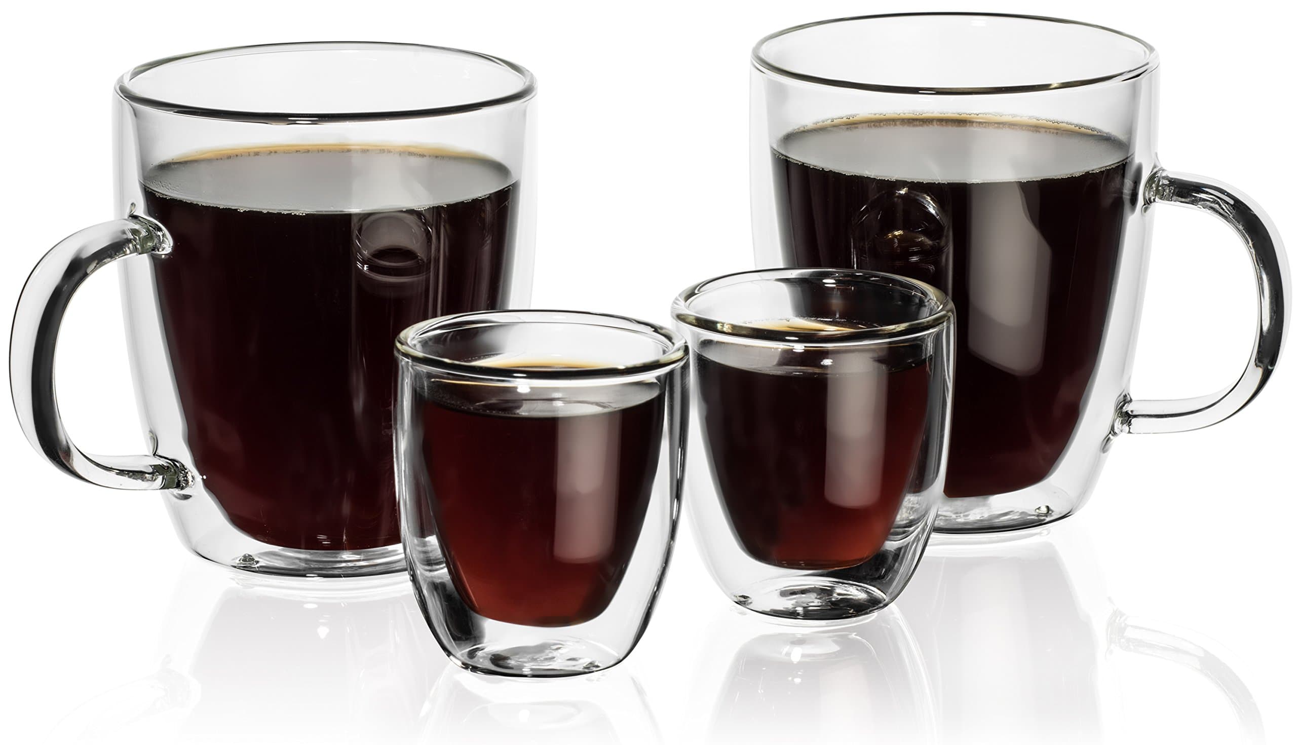 Hudson Essentials Double Wall Insulated Glass Coffee Mug 12 oz and Espresso Cup 2.5 oz - Set of 4
