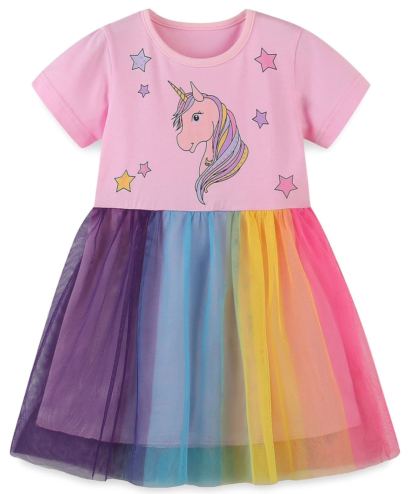 ColobeGirls Summer Dresses Unicorn Short Sleeve Princess Birthday Party Dress for Kids 1-7 Years