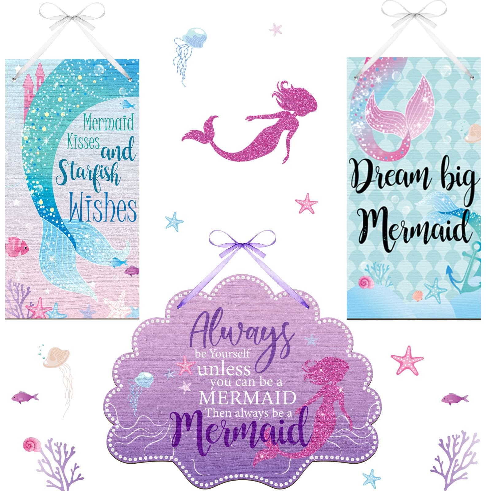 Queekay 3 Pcs Mermaid Room Decor, Mermaid Wall Decor Set for Bathroom Bedroom Sea Life Wall Art Signs with Shell Welcome Door Hanger, Ocean Theme Wooden Seaside Decorations for Home