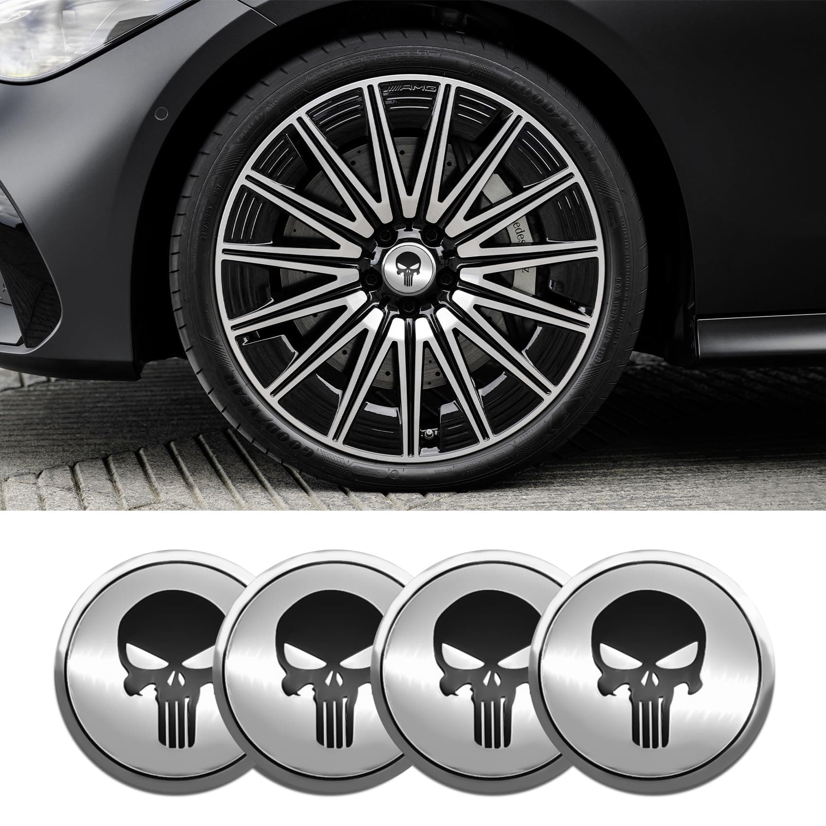 4PCS Car Wheel Center Hub Cover, Center Caps for Rims, Waterproof & Rustproof Automotive Accessories Decals, Universal Car Accessories Hub Caps Compatible with Cars (Silver/Balck Skull)