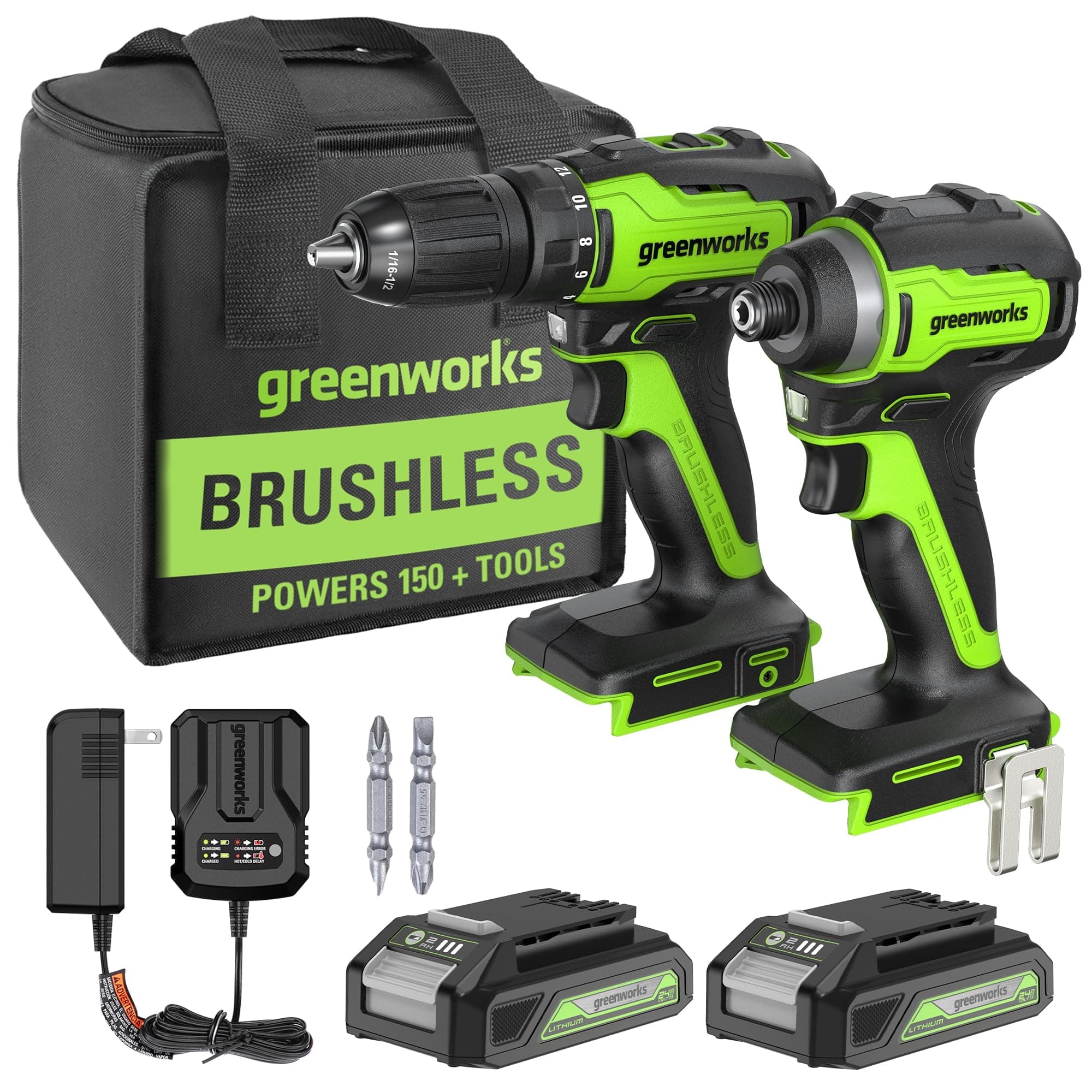 Greenworks 24V MAX Cordless Brushless Drill & Impact Driver Combo Kit, Electric Drill Set, High Torque, Lightweight, Professional Grade, Includes 2x 2.0Ah Batteries, Charger, and Storage Bag