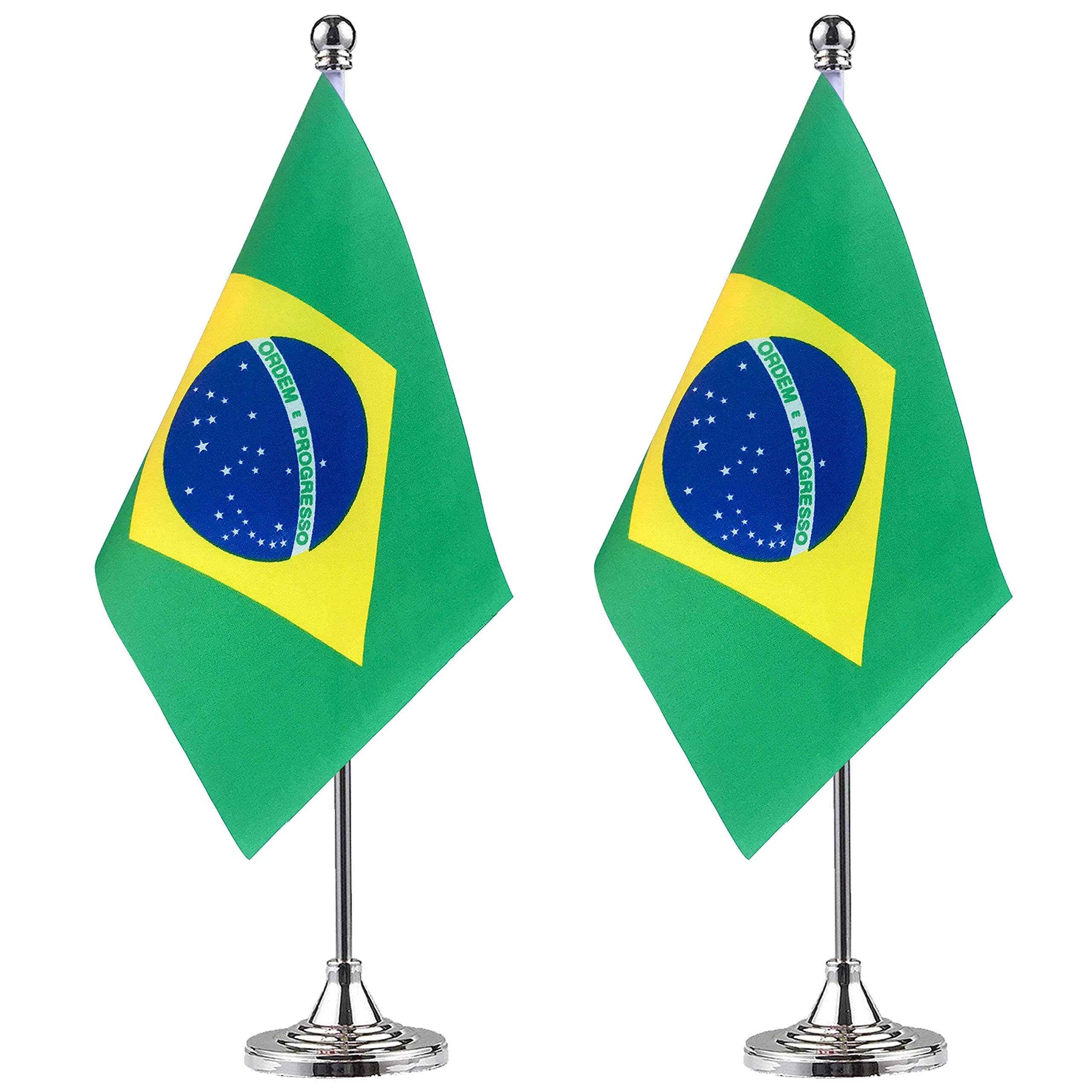 WEITBF Brazil Desk Flag Small Mini Brazilian Office Table Flag with Stand Base,Brazilian Themed Party Decorations Celebration Event,2 Pack