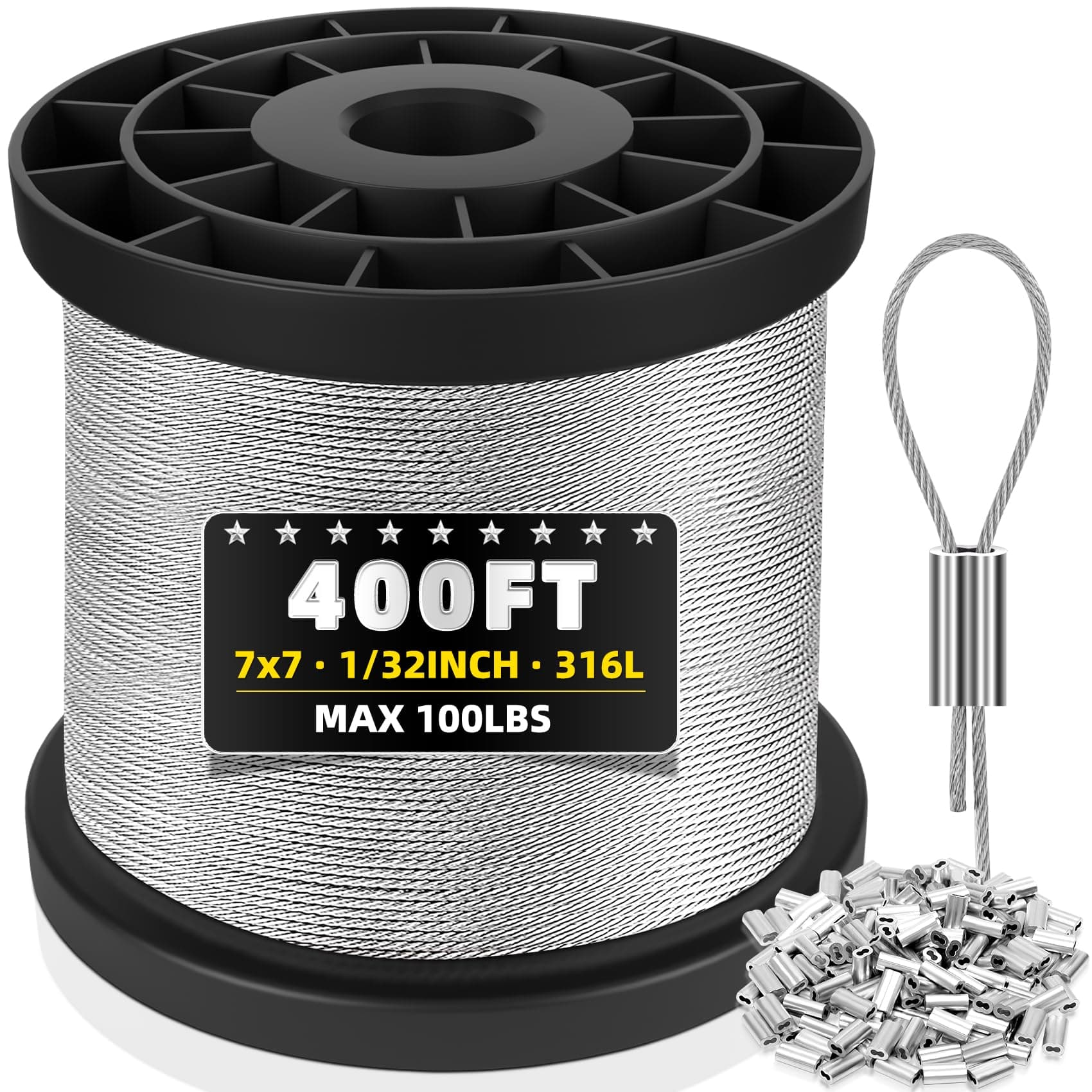 316 Stainless Steel Cable, 400FT 1/32IN Wire Rope with 100Pcs Aluminum Sleeves Stops, for String Lights Hanging, Clotheslines, Trellis Wire