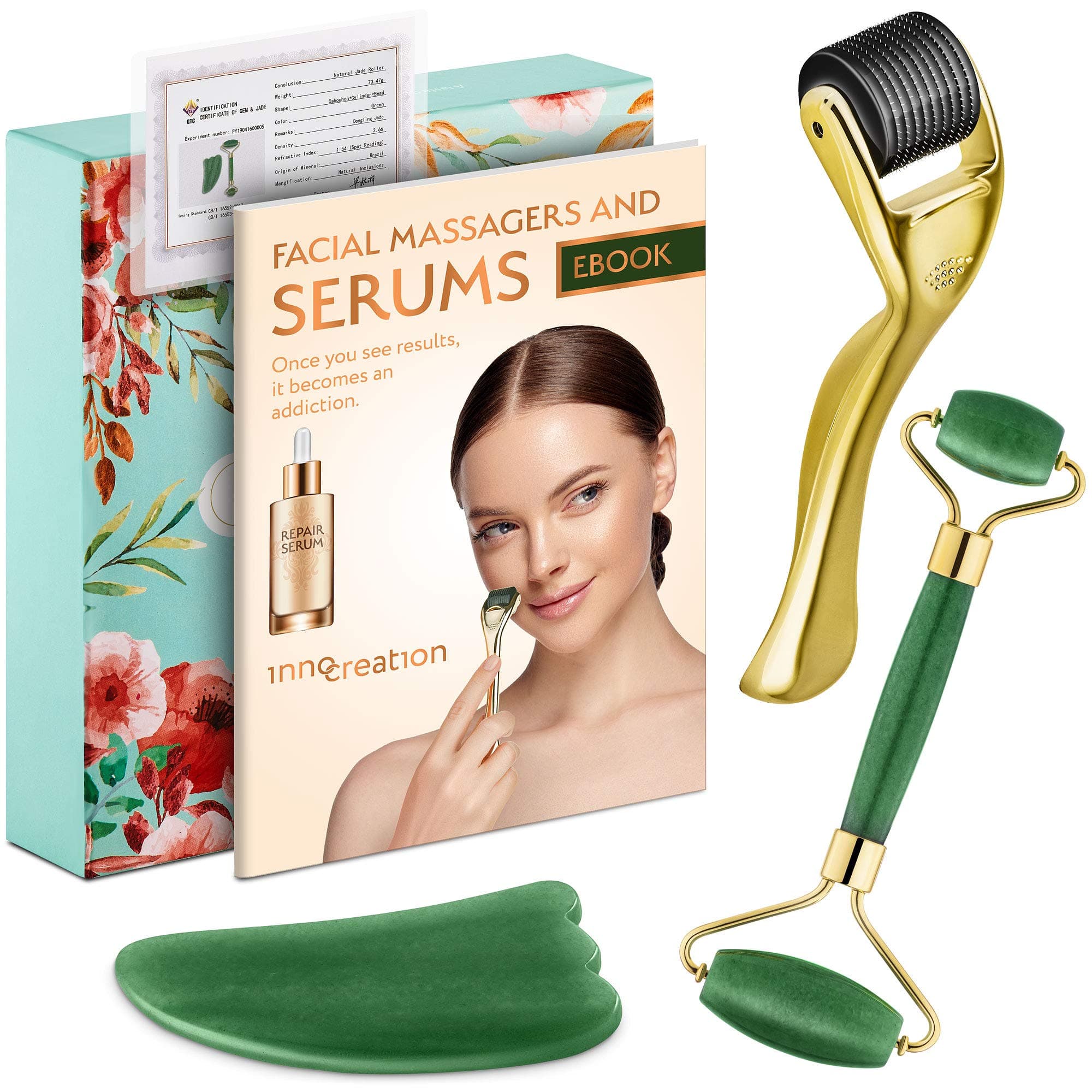 Derma Roller, 100% Natural Jade Roller & Gua Sha | Anti-aging Facial Skin Care | 540 Titanium Microneedles .25mm
