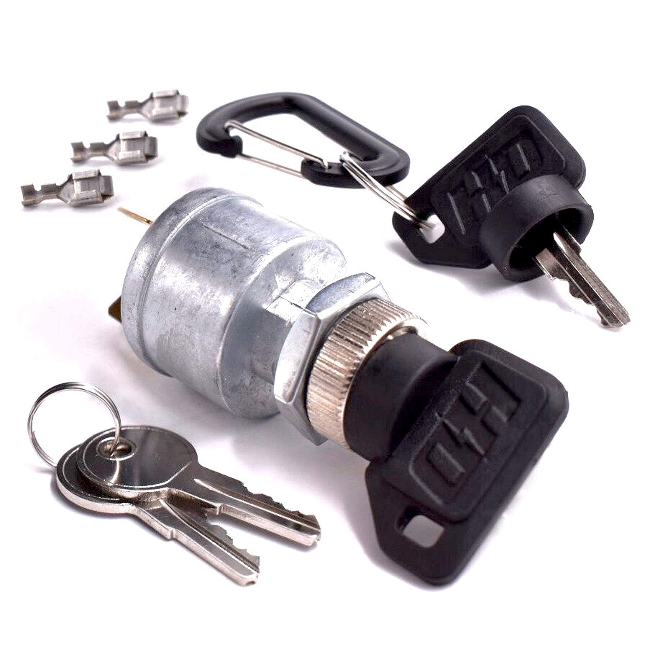 HD Switch Starter Ignition Key Switch Replaces EZGO Electric Golf Cart 17421G1, 2 Terminal Prongs - W/ 2 Upgraded Keys & 2 Standard Keys, Free Terminals & Carabiner