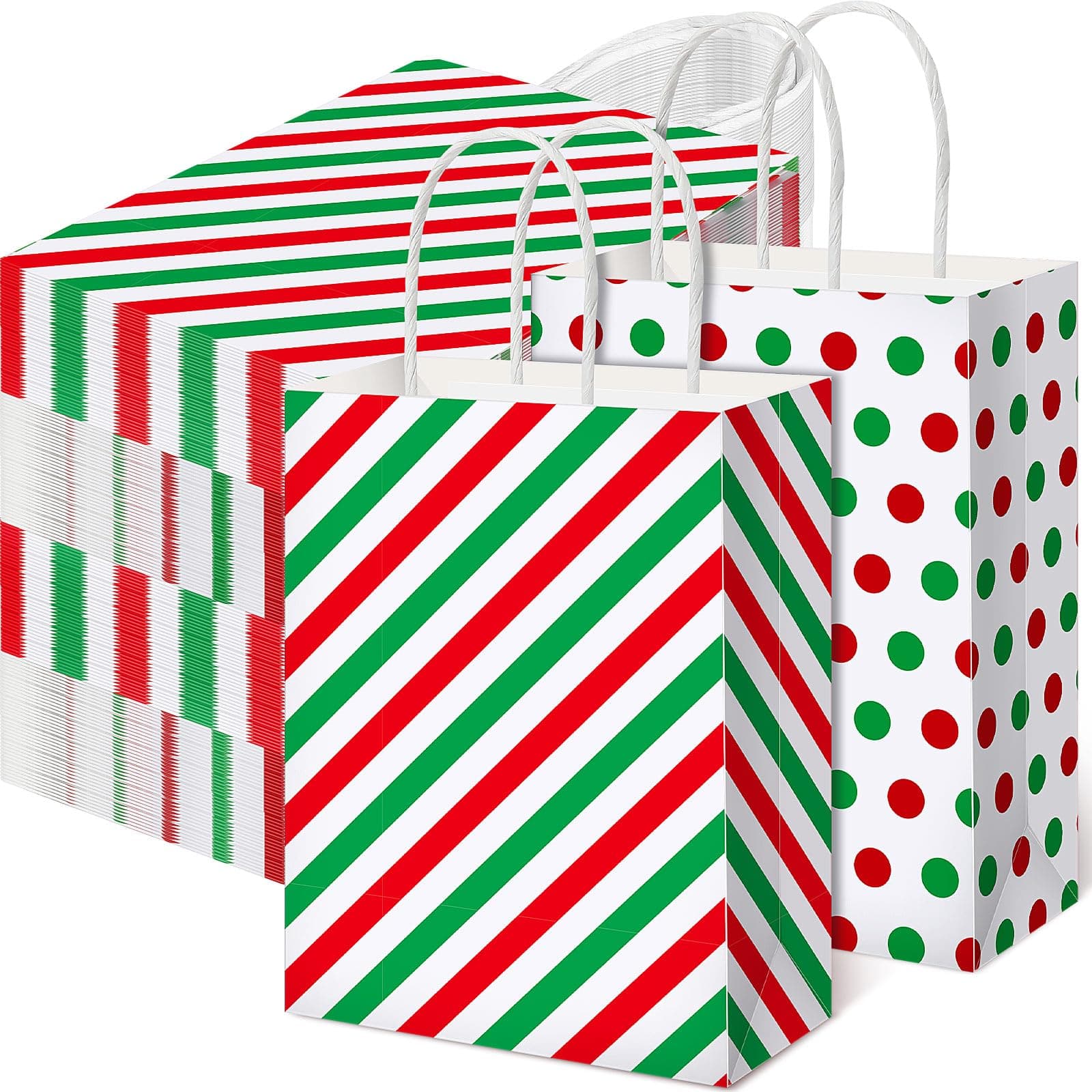 Mooliwe100 Pieces Christmas Gift Bags Bulk Red and Green Striped and Polka Dots Gift Bags with Handle Xmas Treat Bags Holiday Goodie Bags Christmas Gift Bags for Christmas Party Favor Supplies