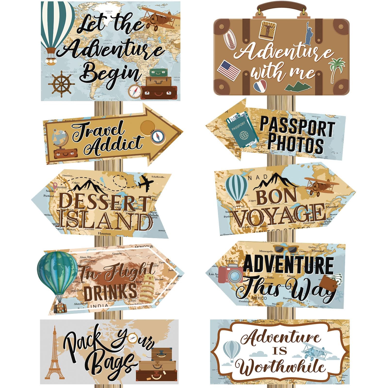 Ysleen 20 Pcs Travel Themed Party Decorations Set Let The Adventure Begin Sign Adventure Signs Bon Voyage Party Decorations for Birthday Baby Shower Travel, 11 x 8 Inch, 11 x 5 Inch (Vintage)